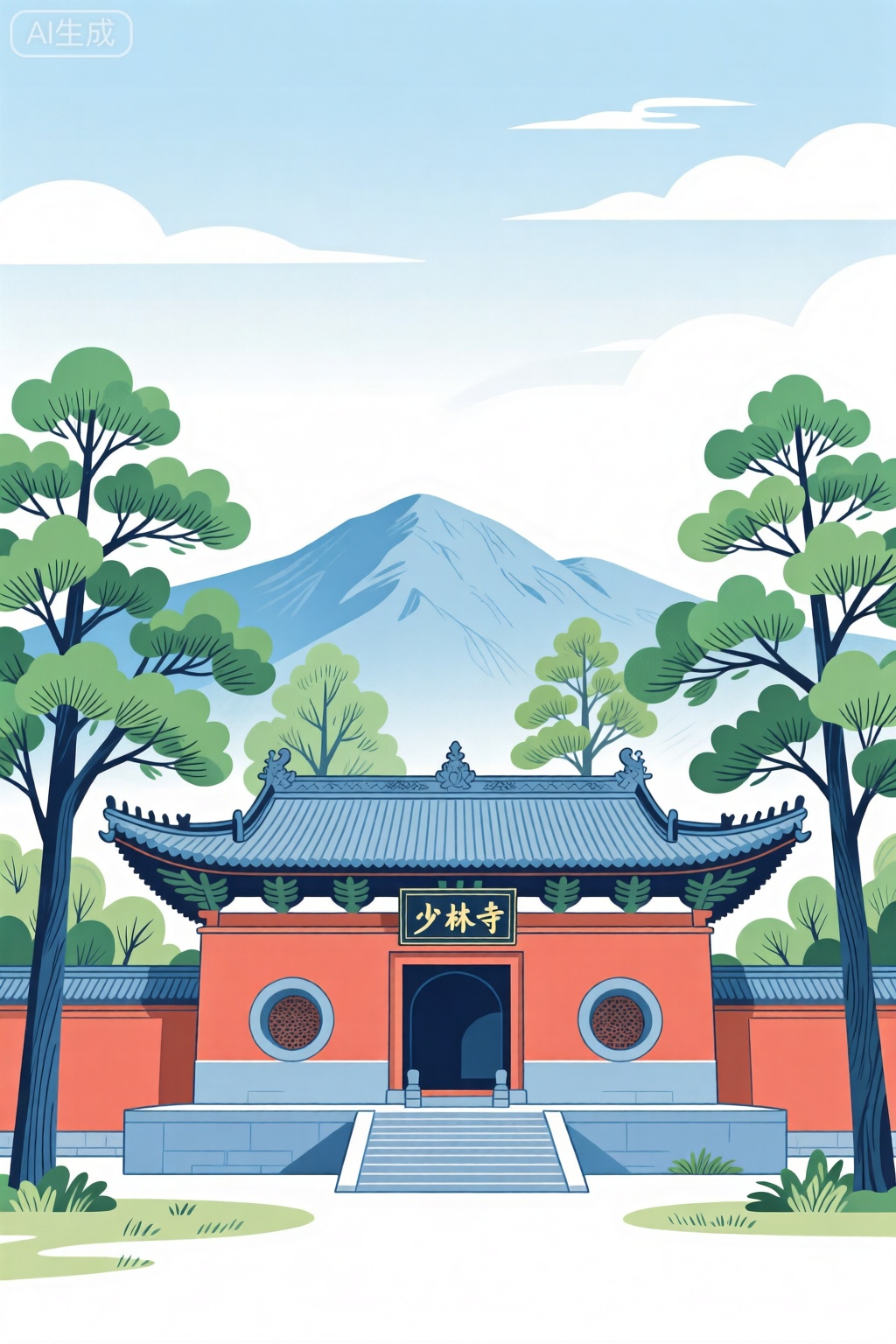 平面插画,寺院,树木,远处有山,构图平衡和谐,捕捉了大自然宁静的精髓,牌匾上写着：少林寺