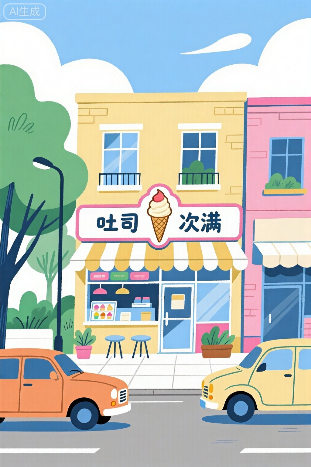 平面插画,冰淇淋店,街道,车辆,构图平衡和谐,捕捉了大自然宁静的精髓,牌匾上写着：吐司冰淇淋