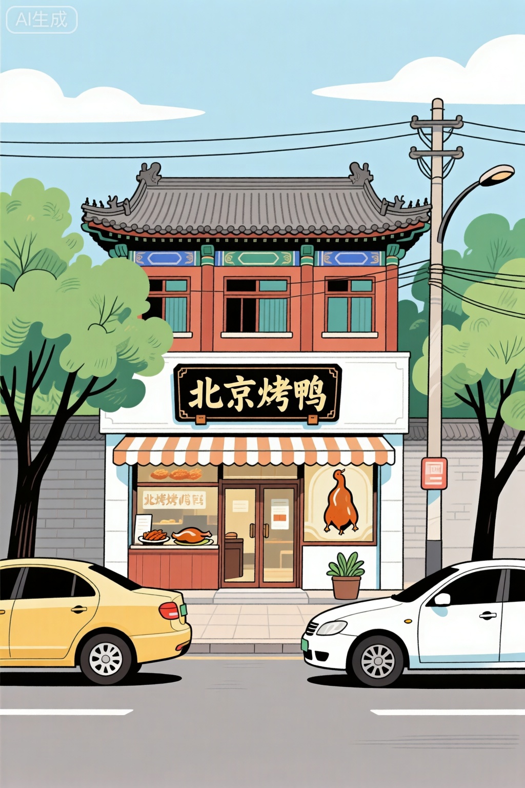 平面插画,烤鸭店铺,街道,车辆,构图平衡和谐,捕捉了大自然宁静的精髓,牌匾上写着：北京烤鸭