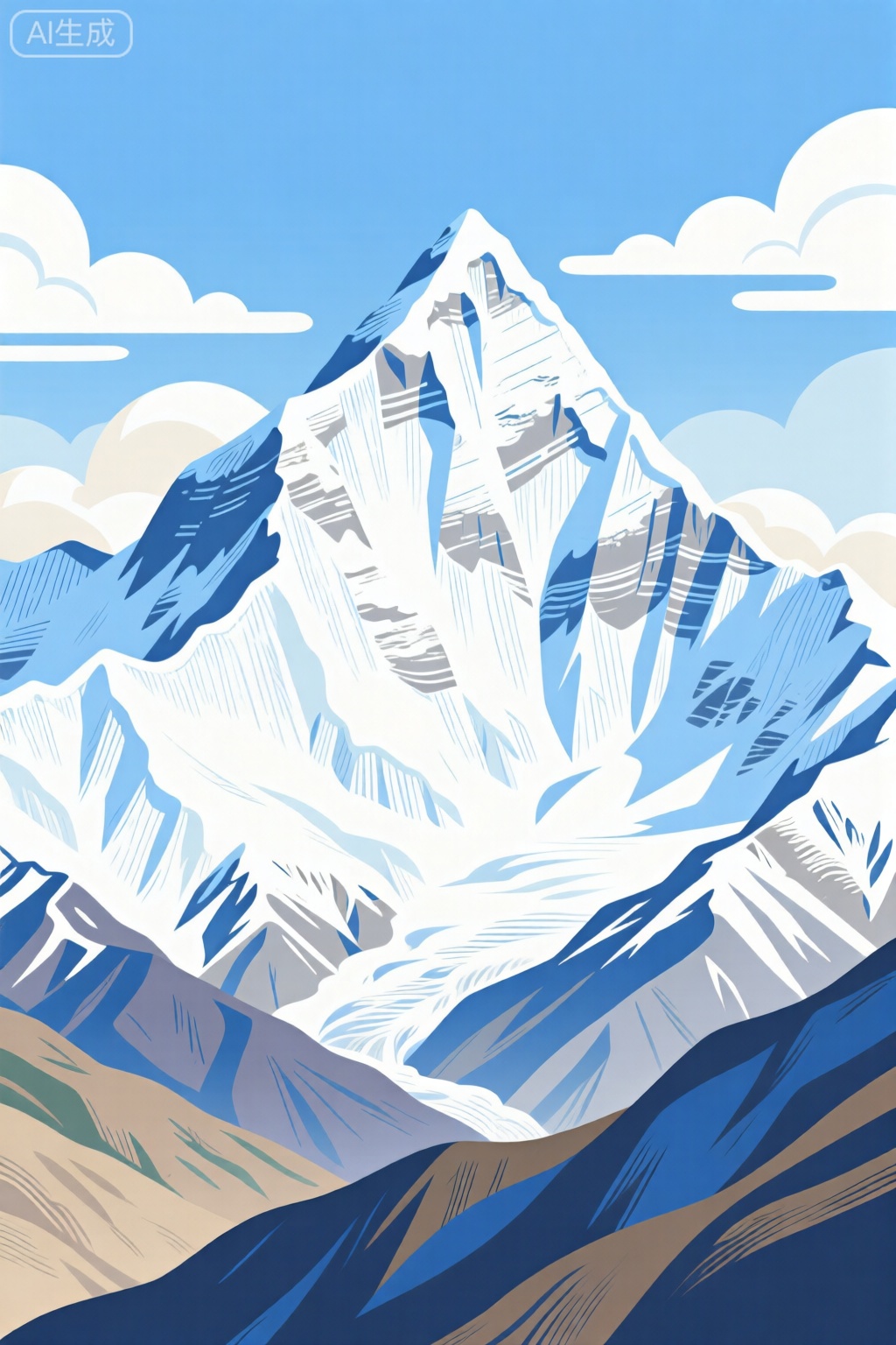 平面插画,珠穆朗玛峰风景,雪山,构图平衡和谐,捕捉了大自然宁静的精髓,