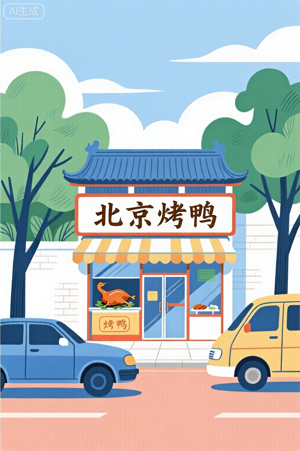平面插画,烤鸭店铺,街道,车辆,构图平衡和谐,捕捉了大自然宁静的精髓,牌匾上写着：北京烤鸭