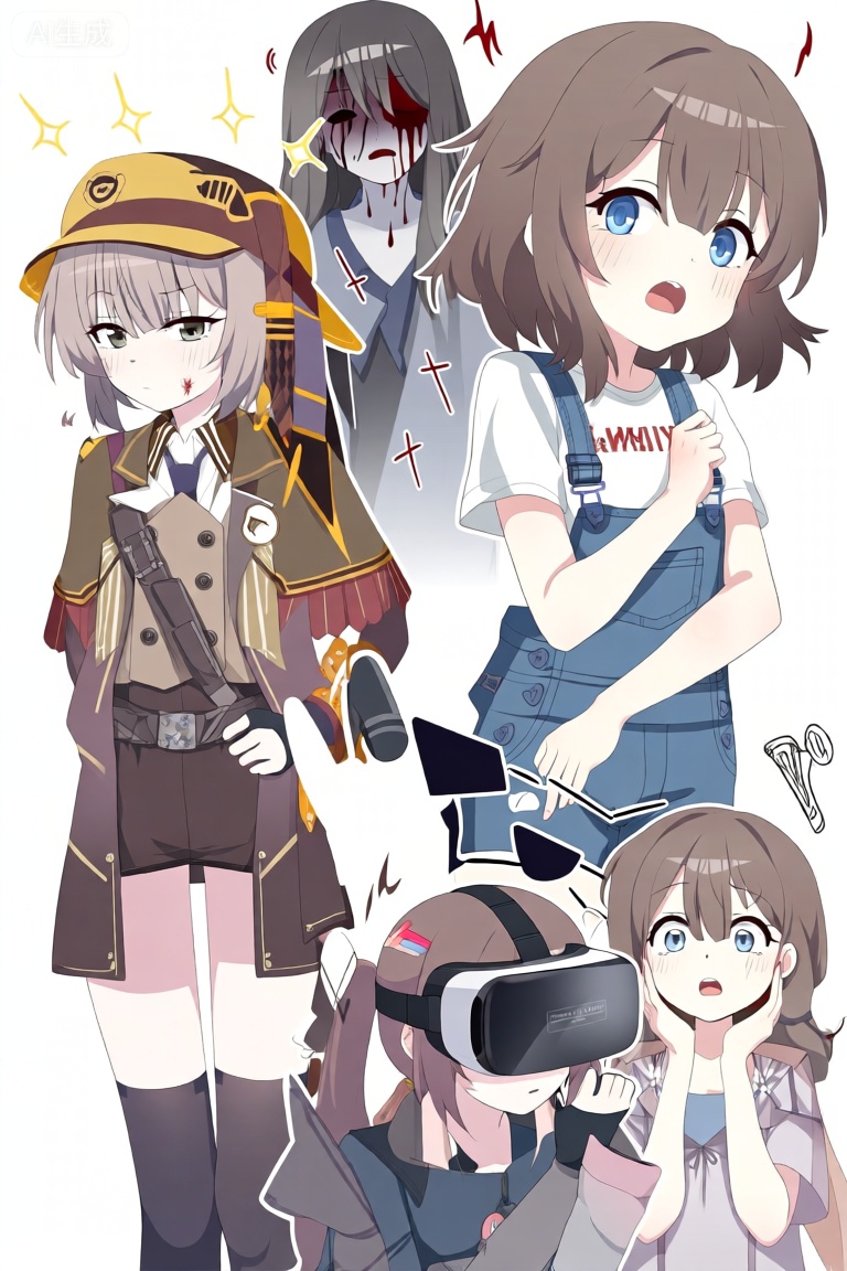 四位风格各异的动漫少女角色。左侧的角色穿着复古风格的制服,头戴黄色帽子,表情略显严肃。背景中有一位长发角色,面部有血迹,显得有些恐怖。右侧上方的角色有着棕色短发,蓝色眼睛,身穿白色T恤和蓝色背带裤,表情惊讶。下方的角色戴着VR眼镜,似乎在体验虚拟现实游戏,旁边还有一位表情惊讶的女孩,双手放在脸颊两侧。整体画面色彩鲜艳,人物表情生动,展现了不同的个性和情感