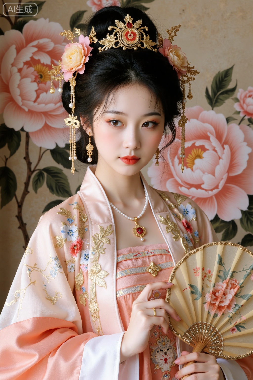 Realistic photo of a young woman with bun, fair skin, big breasts, golden headdress, golden earrings, peony embroidery, patterned silk Chinese style Hanfu, pearl necklace, peony flower fan, exquisite makeup, upper body, peony painting background,