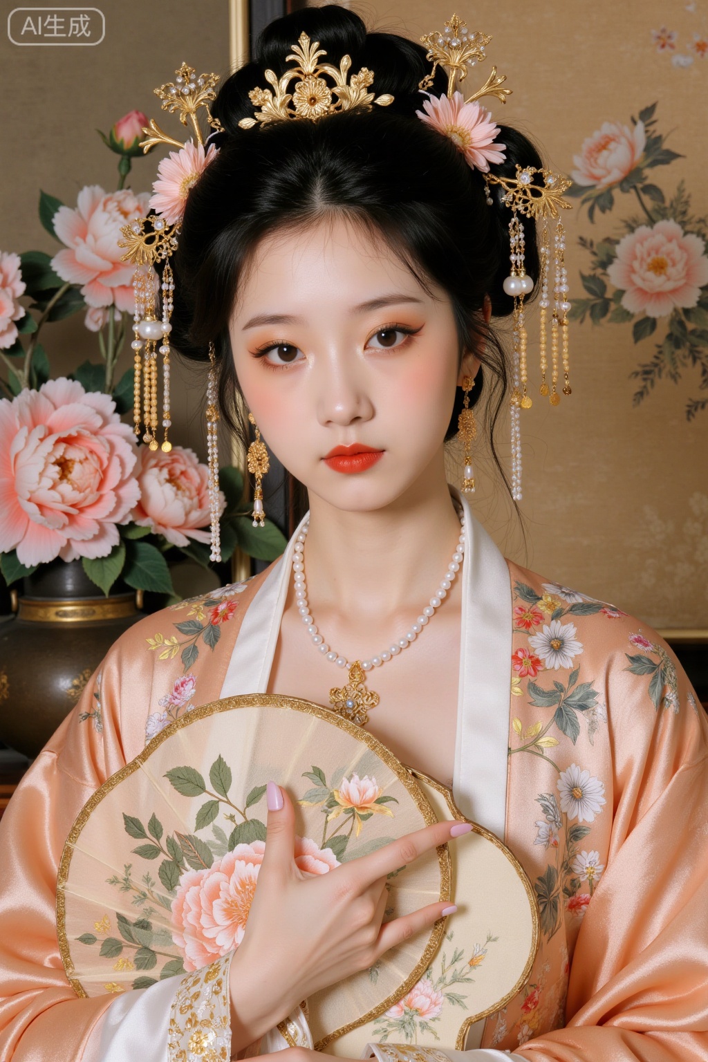 Realistic photo of a young woman with bun, fair skin, big breasts, golden headdress, golden earrings, peony embroidery, patterned silk Chinese style Hanfu, pearl necklace, peony flower fan, exquisite makeup, upper body, peony painting background,