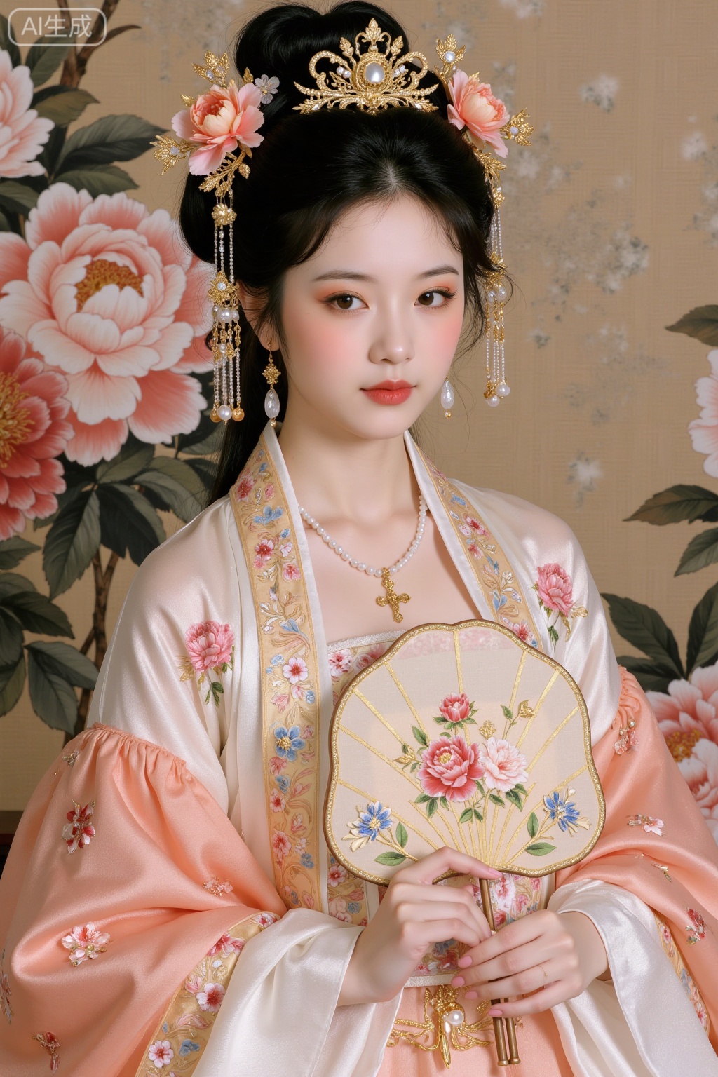 Realistic photo of a young woman with bun, fair skin, big breasts, golden headdress, golden earrings, peony embroidery, patterned silk Chinese style Hanfu, pearl necklace, peony flower fan, exquisite makeup, upper body, peony painting background,