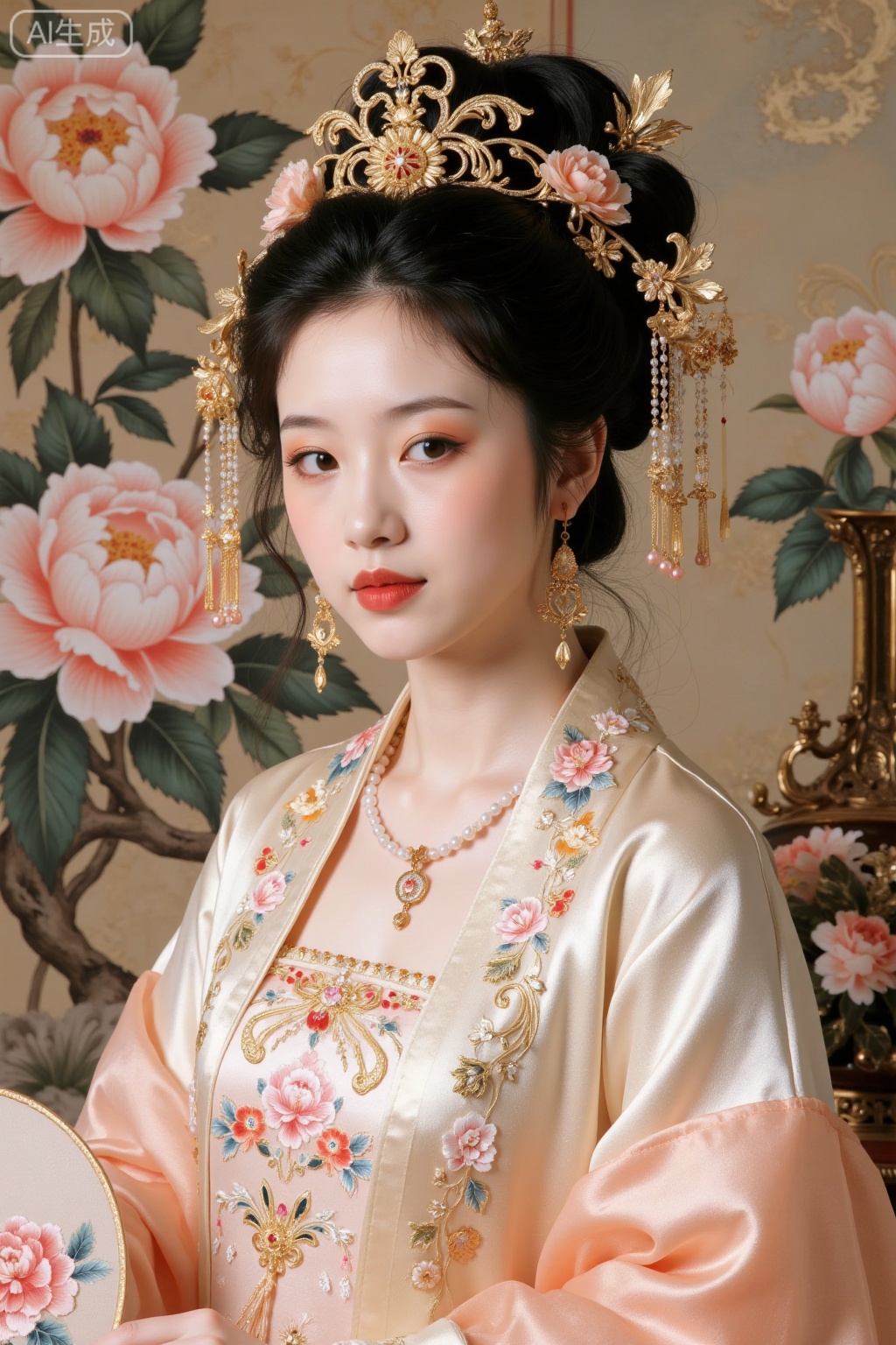 Realistic photo of a young woman with bun, fair skin, big breasts, golden headdress, golden earrings, peony embroidery, patterned silk Chinese style Hanfu, pearl necklace, peony flower fan, exquisite makeup, upper body, peony painting background,