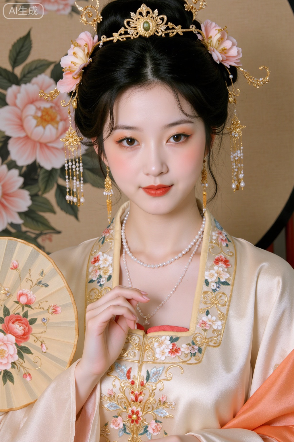 Realistic photo of a young woman with bun, fair skin, big breasts, golden headdress, golden earrings, peony embroidery, patterned silk Chinese style Hanfu, pearl necklace, peony flower fan, exquisite makeup, upper body, peony painting background,