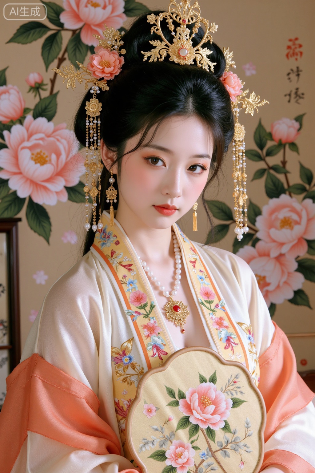 Realistic photo of a young woman with bun, fair skin, big breasts, golden headdress, golden earrings, peony embroidery, patterned silk Chinese style Hanfu, pearl necklace, peony flower fan, exquisite makeup, upper body, peony painting background,