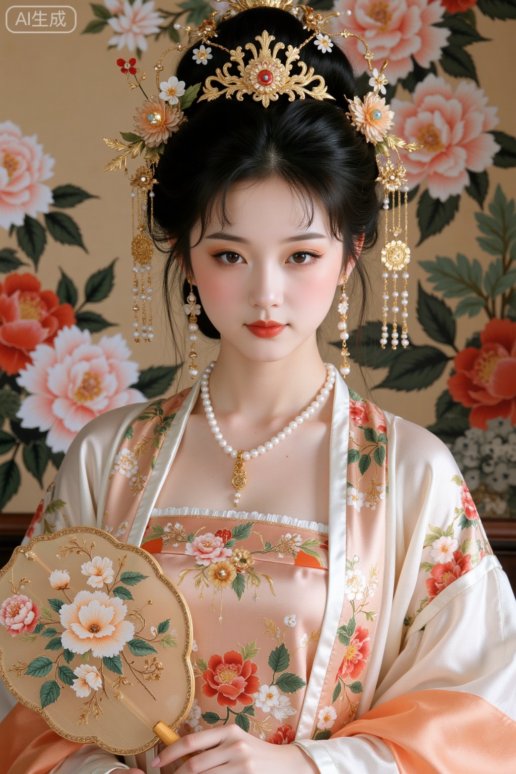 Realistic photo of a young woman with bun, fair skin, big breasts, golden headdress, golden earrings, peony embroidery, patterned silk Chinese style Hanfu, pearl necklace, peony flower fan, exquisite makeup, upper body, peony painting background,