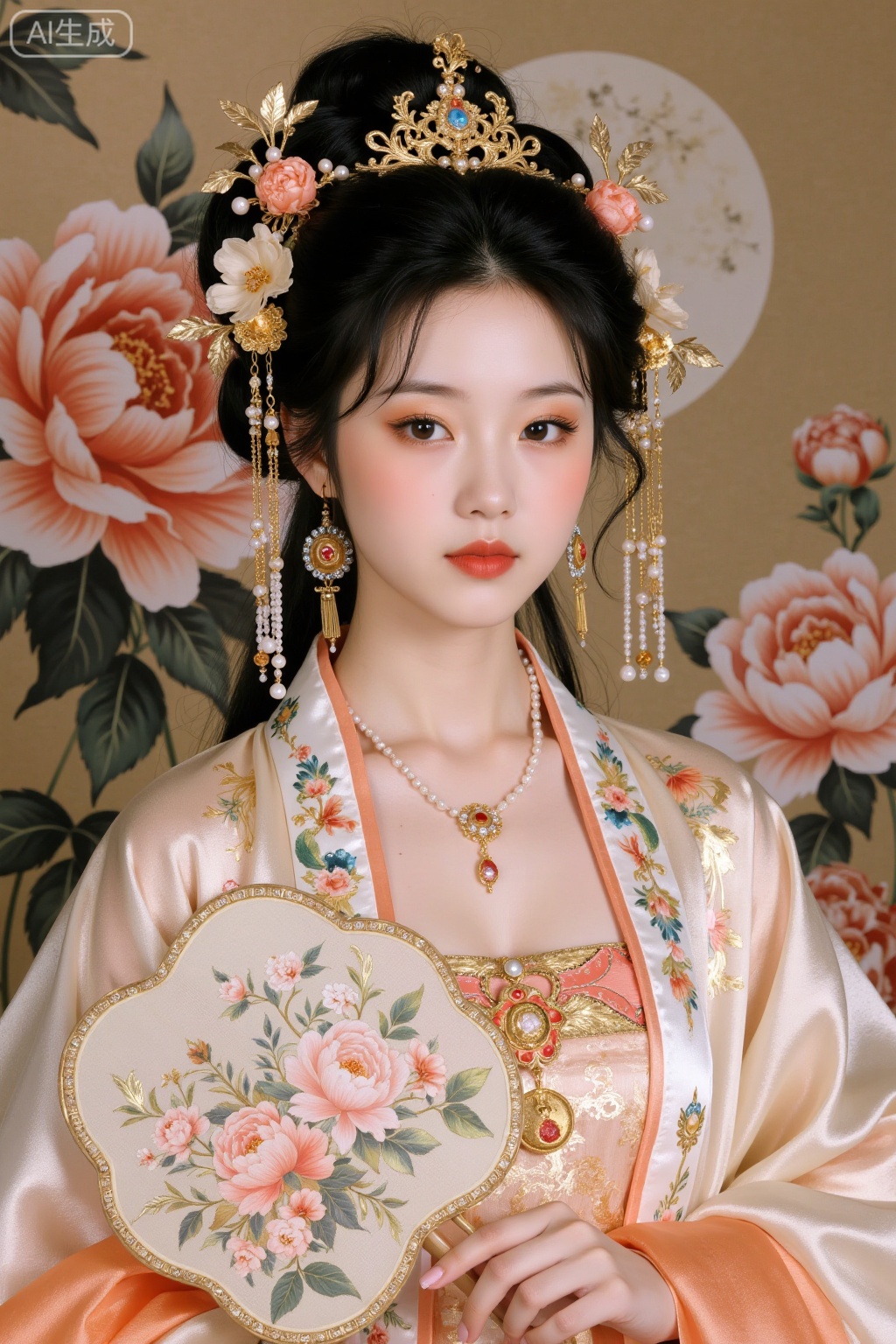Realistic photo of a young woman with bun, fair skin, big breasts, golden headdress, golden earrings, peony embroidery, patterned silk Chinese style Hanfu, pearl necklace, peony flower fan, exquisite makeup, upper body, peony painting background,