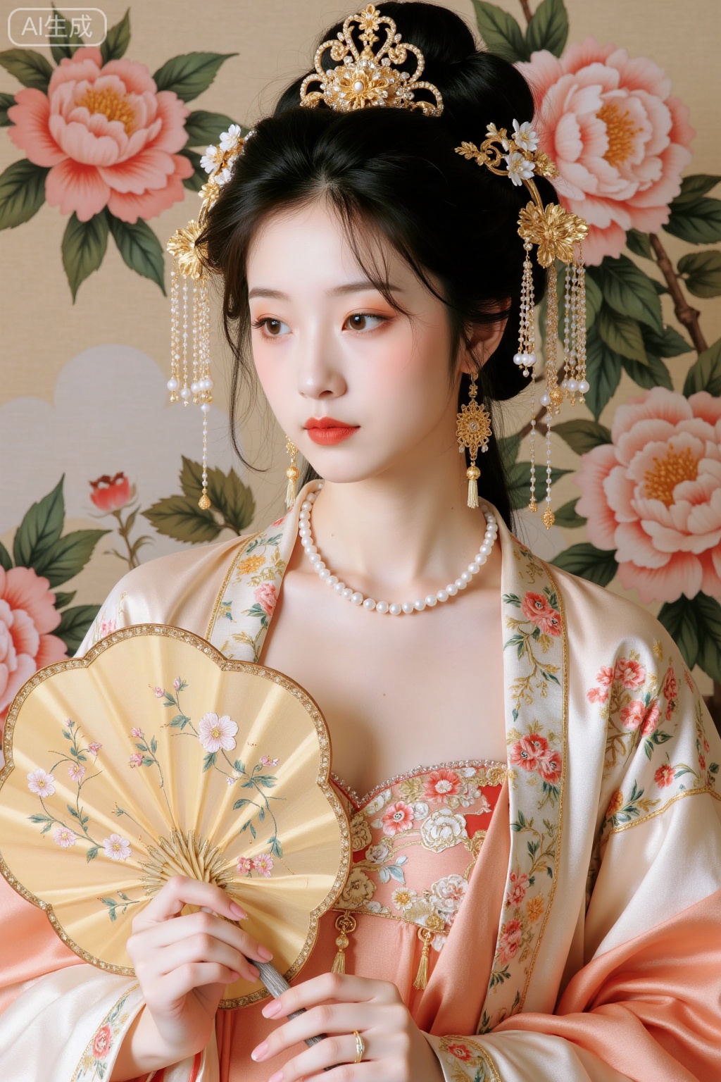 Realistic photo of a young woman with bun, fair skin, big breasts, golden headdress, golden earrings, peony embroidery, patterned silk Chinese style Hanfu, pearl necklace, peony flower fan, exquisite makeup, upper body, peony painting background,