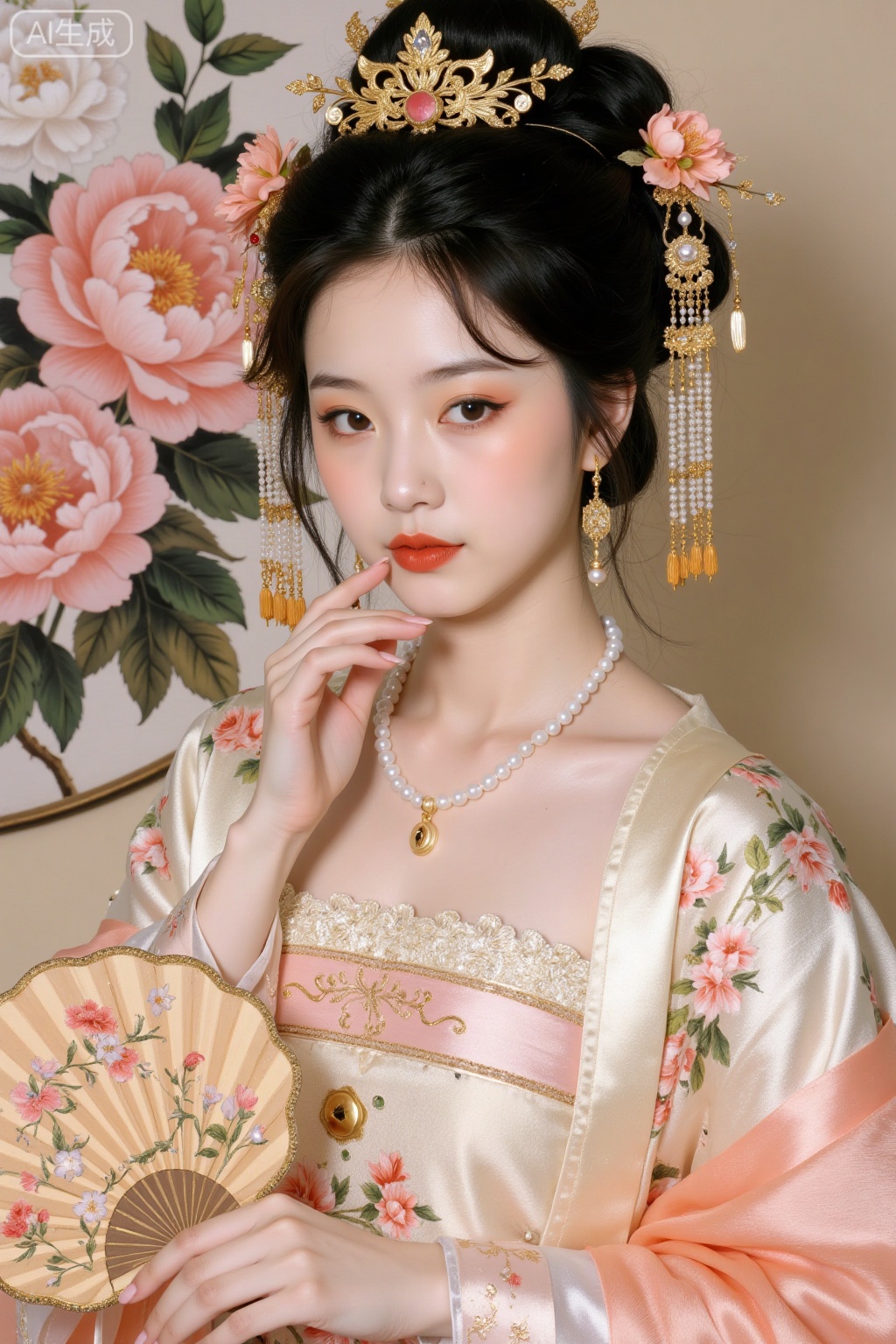 Realistic photo of a young woman with bun, fair skin, big breasts, golden headdress, golden earrings, peony embroidery, patterned silk Chinese style Hanfu, pearl necklace, peony flower fan, exquisite makeup, upper body, peony painting background,