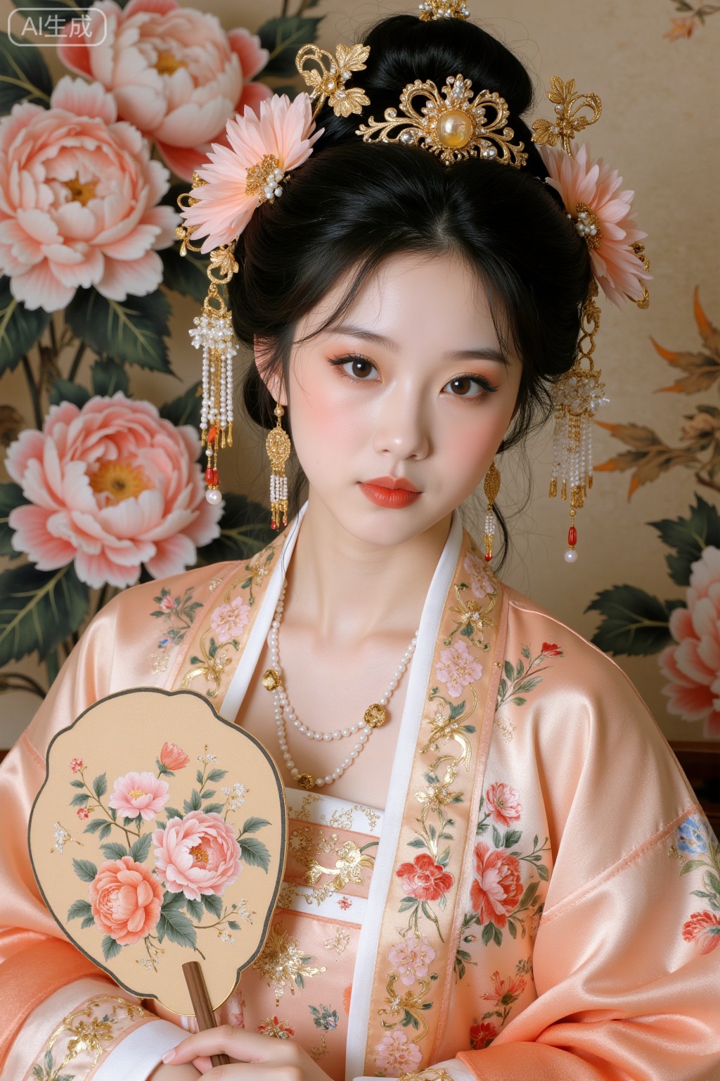 Realistic photo of a young woman with bun, fair skin, big breasts, golden headdress, golden earrings, peony embroidery, patterned silk Chinese style Hanfu, pearl necklace, peony flower fan, exquisite makeup, upper body, peony painting background,
