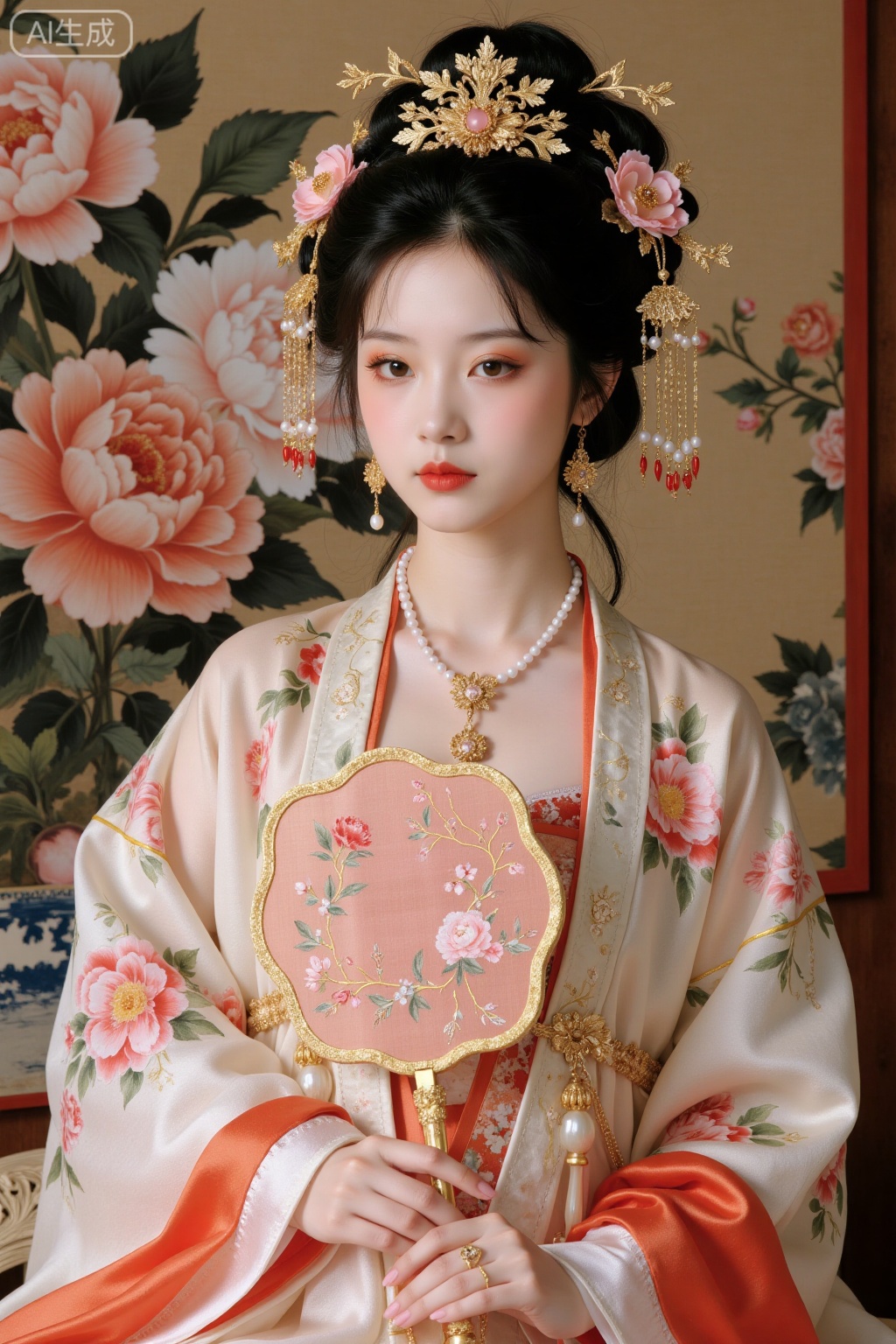 Realistic photo of a young woman with bun, fair skin, big breasts, golden headdress, golden earrings, peony embroidery, patterned silk Chinese style Hanfu, pearl necklace, peony flower fan, exquisite makeup, upper body, peony painting background,
