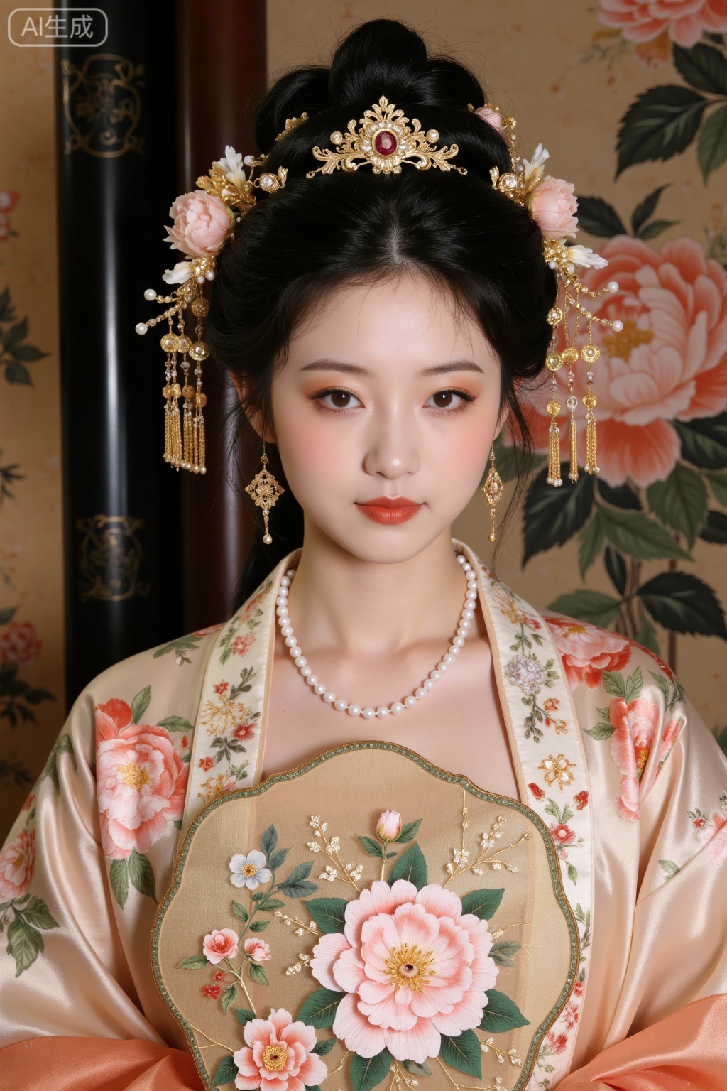 Realistic photo of a young woman with bun, fair skin, big breasts, golden headdress, golden earrings, peony embroidery, patterned silk Chinese style Hanfu, pearl necklace, peony flower fan, exquisite makeup, upper body, peony painting background,