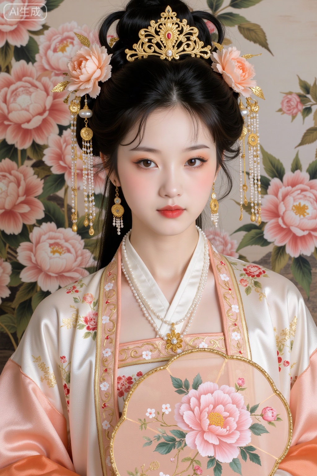 Realistic photo of a young woman with bun, fair skin, big breasts, golden headdress, golden earrings, peony embroidery, patterned silk Chinese style Hanfu, pearl necklace, peony flower fan, exquisite makeup, upper body, peony painting background,
