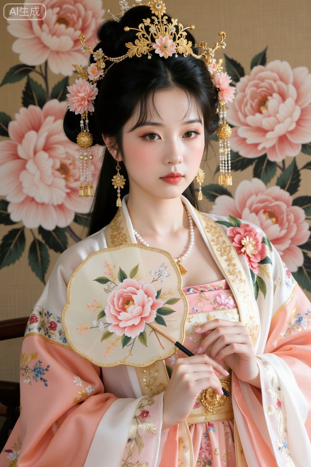 Realistic photo of a young woman with bun, fair skin, big breasts, golden headdress, golden earrings, peony embroidery, patterned silk Chinese style Hanfu, pearl necklace, peony flower fan, exquisite makeup, upper body, peony painting background,