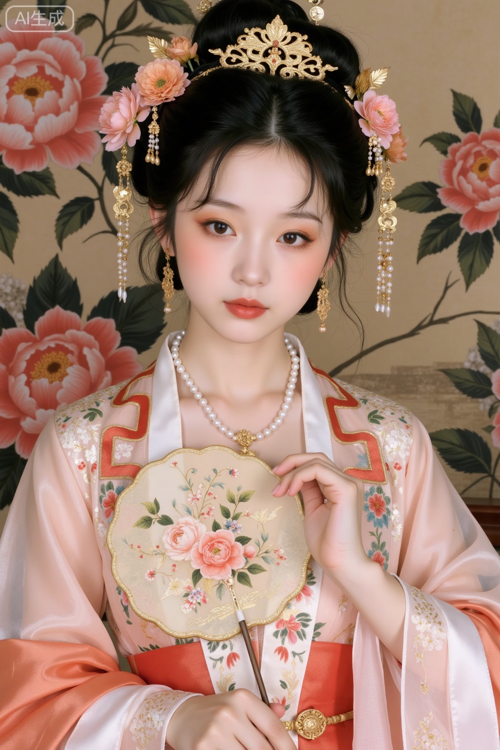 Realistic photo of a young woman with bun, fair skin, big breasts, golden headdress, golden earrings, peony embroidery, patterned silk Chinese style Hanfu, pearl necklace, peony flower fan, exquisite makeup, upper body, peony painting background,