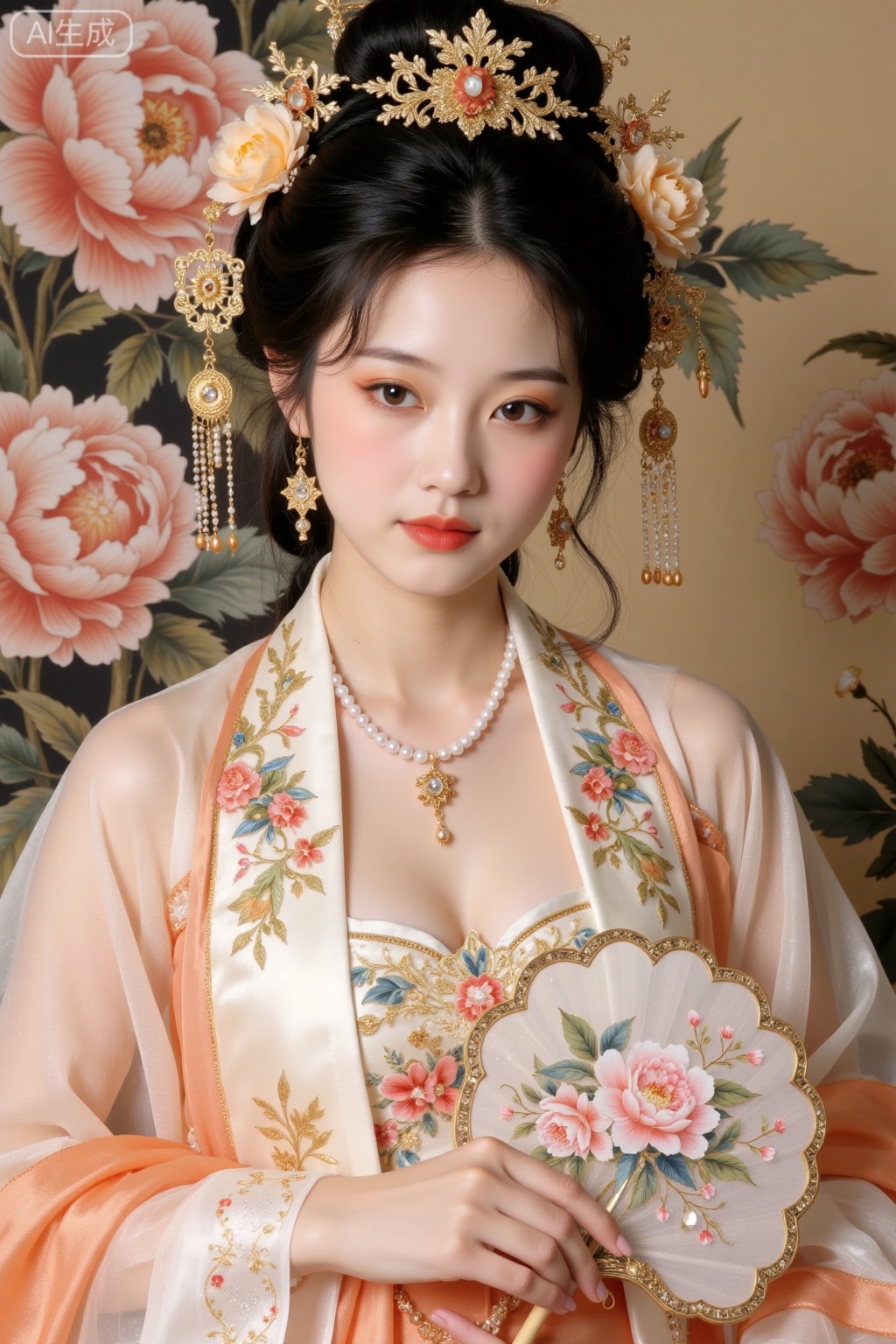 Realistic photo of a young woman with bun, fair skin, big breasts, golden headdress, golden earrings, peony embroidery, patterned silk Chinese style Hanfu, pearl necklace, peony flower fan, exquisite makeup, upper body, peony painting background,