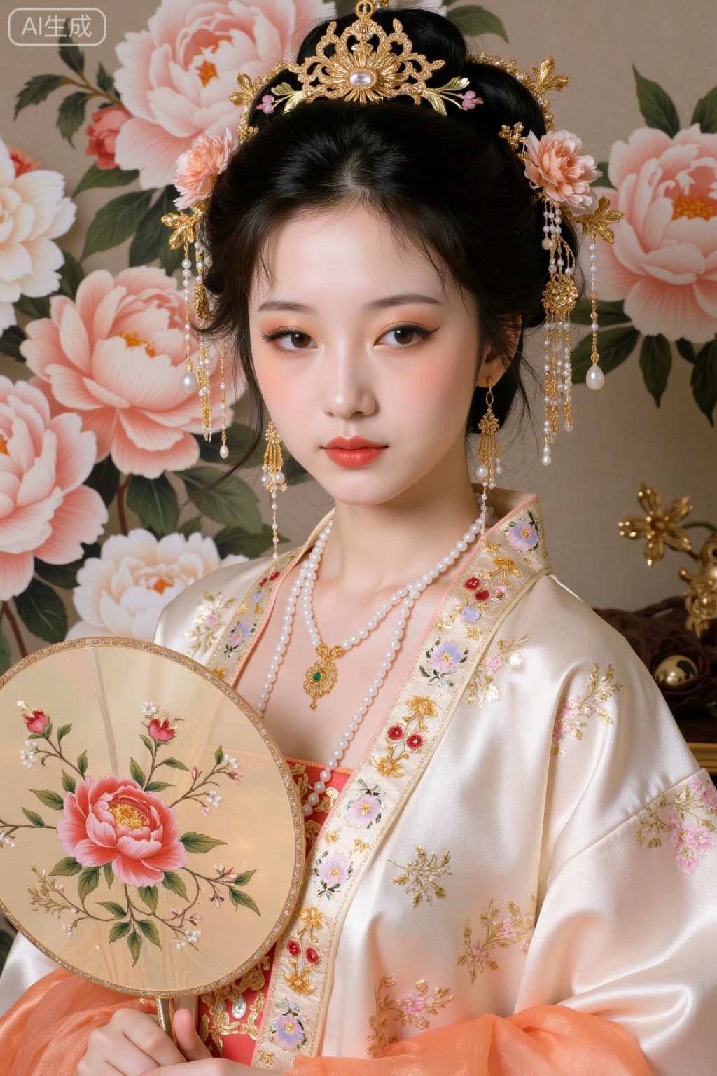 Realistic photo of a young woman with bun, fair skin, big breasts, golden headdress, golden earrings, peony embroidery, patterned silk Chinese style Hanfu, pearl necklace, peony flower fan, exquisite makeup, upper body, peony painting background,
