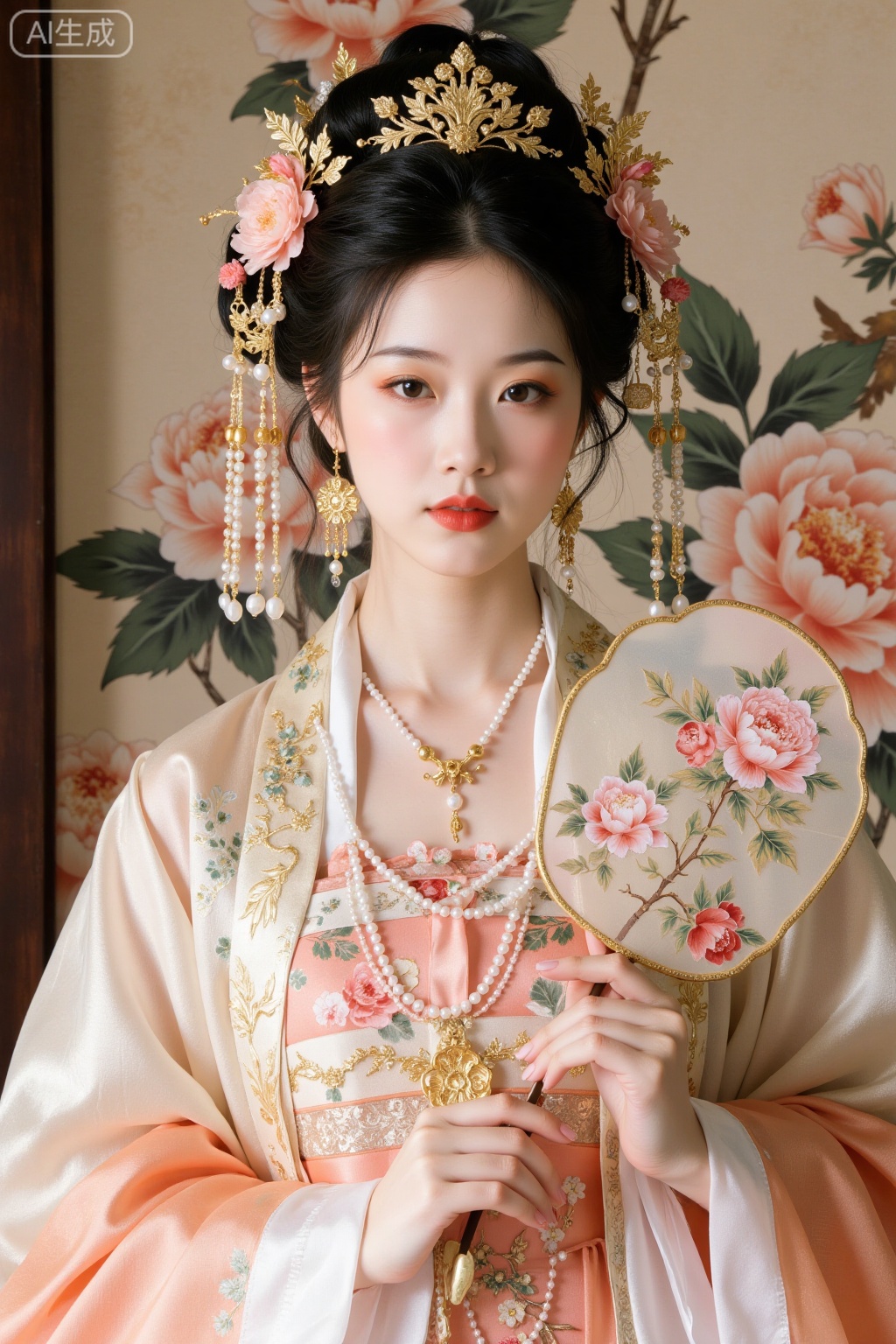 Realistic photo of a young woman with bun, fair skin, big breasts, golden headdress, golden earrings, peony embroidery, patterned silk Chinese style Hanfu, pearl necklace, peony flower fan, exquisite makeup, upper body, peony painting background,