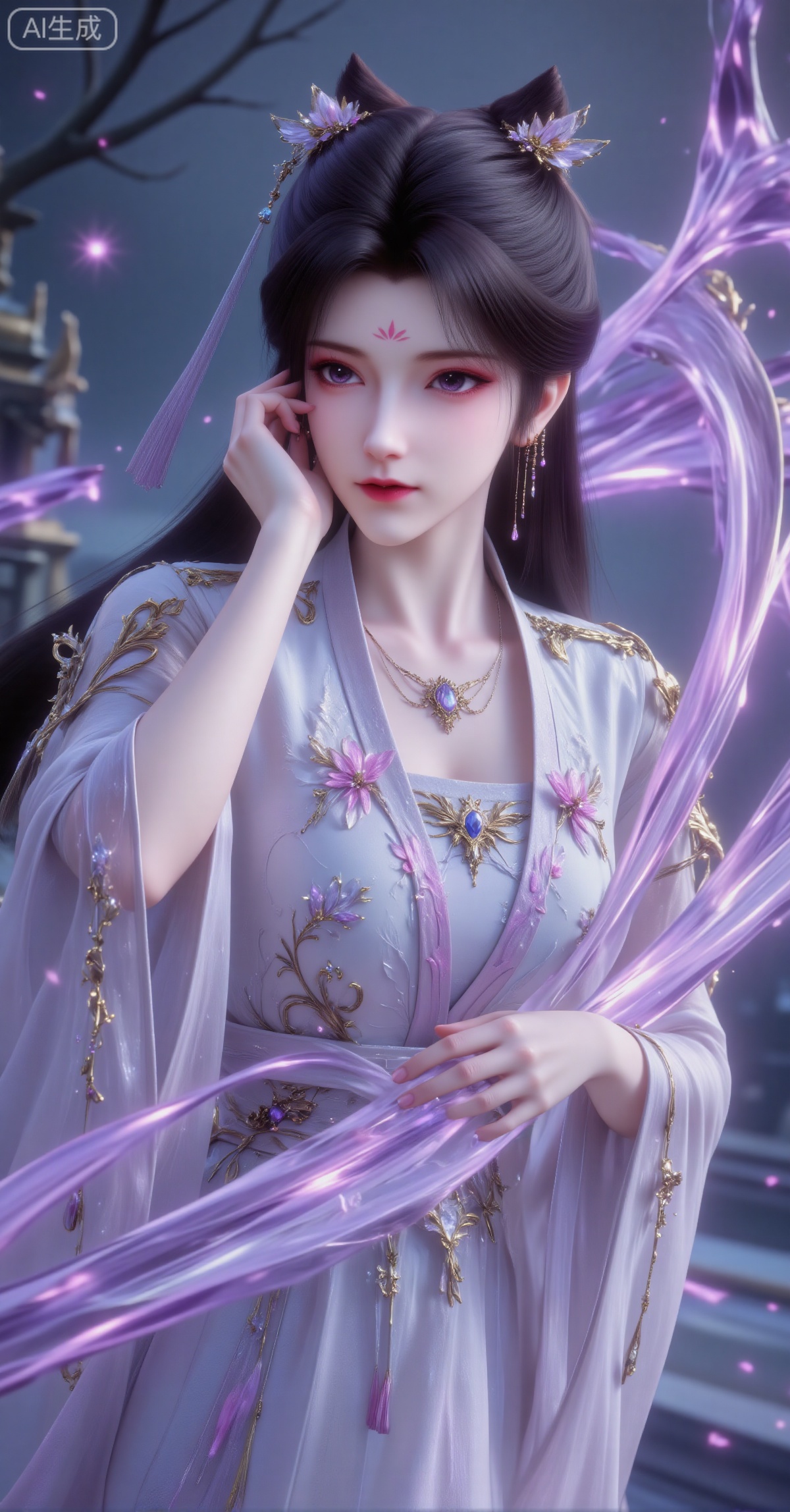 Masterpiece Translation - Core Quality Requirements: Masterpiece, best quality, ultra-high detail, 8K, digital painting. - Character Description: A beautiful woman with long black hair, adorned with an exquisite headdress and necklace, as if carved from ice crystals. She leans gracefully against a curved, translucent purple crystalline structure, resting one hand on her cheek, gazing at the viewer with a slightly melancholy look. Her attire features delicate ice-silver details that emanate an ethereal glow. - Background & Atmosphere: The background is in a hazy gray-blue tone, dotted with star-like light spots and vague outlines of tree branches. The composition centers on the character, creating a charming Xianxia fantasy atmosphere. - Color & Lighting: The color palette is dominated by dreamy pale purple, silver white, and ethereal blue, conveying a mysterious and elegant mood. Soft magical light, shallow depth of field, with sharp focus on the ice crystal details and facial expressions, adhering to cinematic fantasy aesthetics.