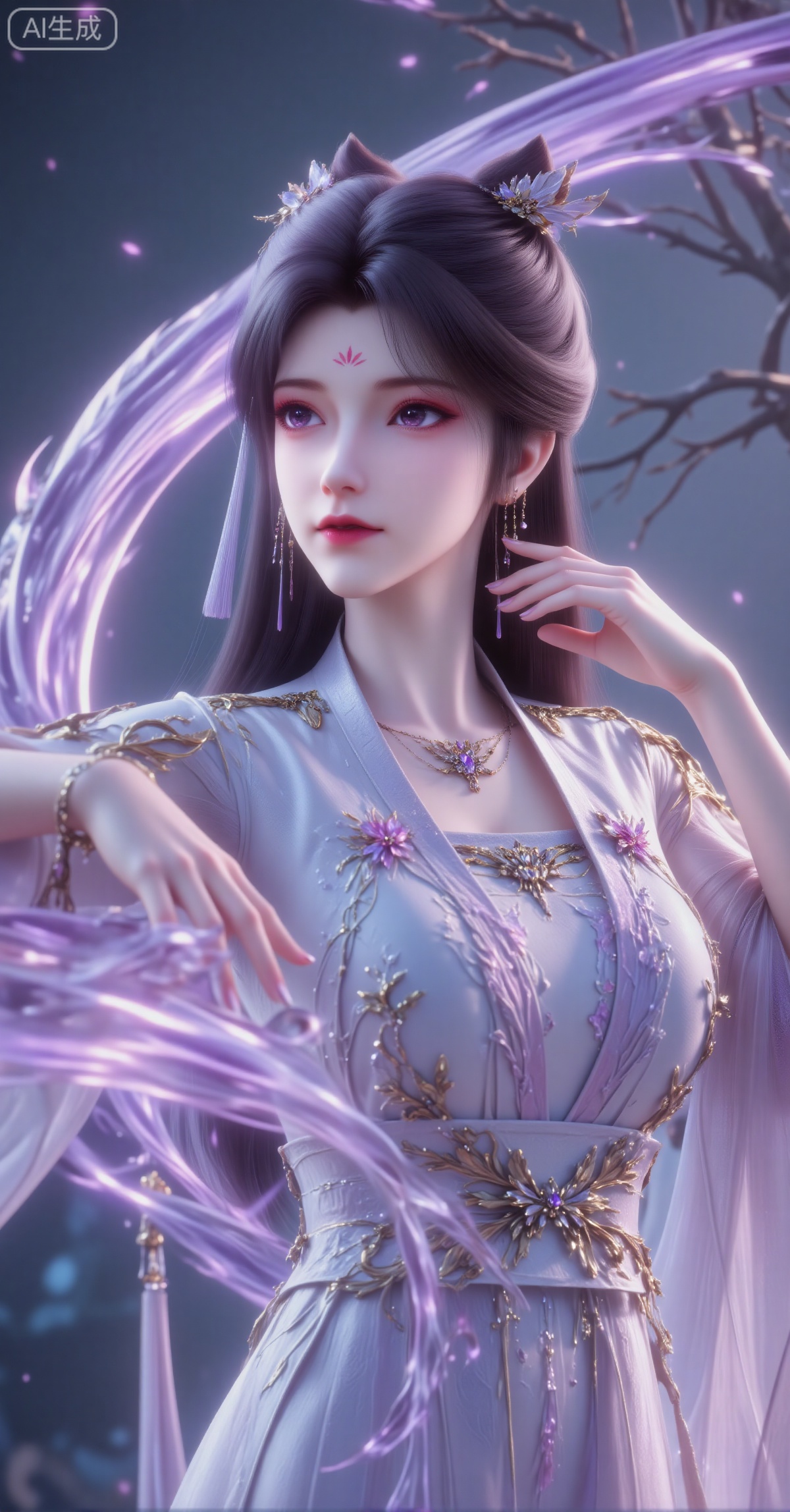 Masterpiece Translation - Core Quality Requirements: Masterpiece, best quality, ultra-high detail, 8K, digital painting. - Character Description: A beautiful woman with long black hair, adorned with an exquisite headdress and necklace, as if carved from ice crystals. She leans gracefully against a curved, translucent purple crystalline structure, resting one hand on her cheek, gazing at the viewer with a slightly melancholy look. Her attire features delicate ice-silver details that emanate an ethereal glow. - Background & Atmosphere: The background is in a hazy gray-blue tone, dotted with star-like light spots and vague outlines of tree branches. The composition centers on the character, creating a charming Xianxia fantasy atmosphere. - Color & Lighting: The color palette is dominated by dreamy pale purple, silver white, and ethereal blue, conveying a mysterious and elegant mood. Soft magical light, shallow depth of field, with sharp focus on the ice crystal details and facial expressions, adhering to cinematic fantasy aesthetics.