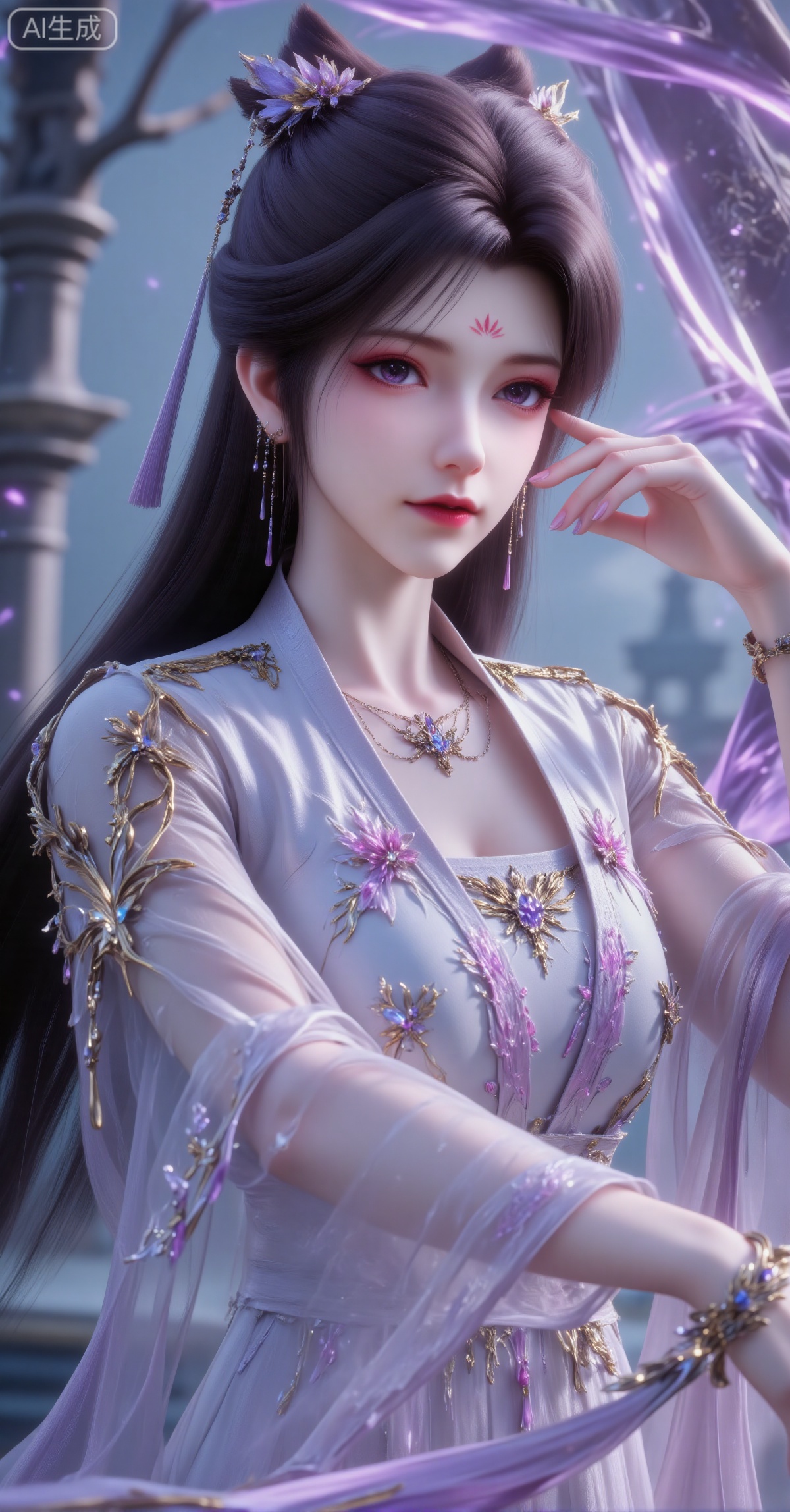 Masterpiece Translation - Core Quality Requirements: Masterpiece, best quality, ultra-high detail, 8K, digital painting. - Character Description: A beautiful woman with long black hair, adorned with an exquisite headdress and necklace, as if carved from ice crystals. She leans gracefully against a curved, translucent purple crystalline structure, resting one hand on her cheek, gazing at the viewer with a slightly melancholy look. Her attire features delicate ice-silver details that emanate an ethereal glow. - Background & Atmosphere: The background is in a hazy gray-blue tone, dotted with star-like light spots and vague outlines of tree branches. The composition centers on the character, creating a charming Xianxia fantasy atmosphere. - Color & Lighting: The color palette is dominated by dreamy pale purple, silver white, and ethereal blue, conveying a mysterious and elegant mood. Soft magical light, shallow depth of field, with sharp focus on the ice crystal details and facial expressions, adhering to cinematic fantasy aesthetics.