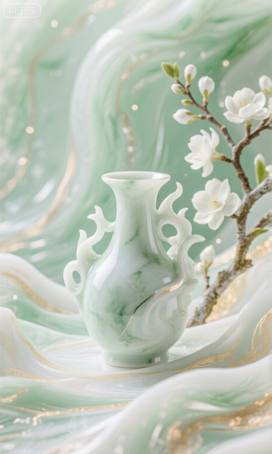 绿白色背景里,汉白玉陶瓷近距离特写,电商产品,旁有白色花枝,混杂着几缕金色的纹理,雅致清新。