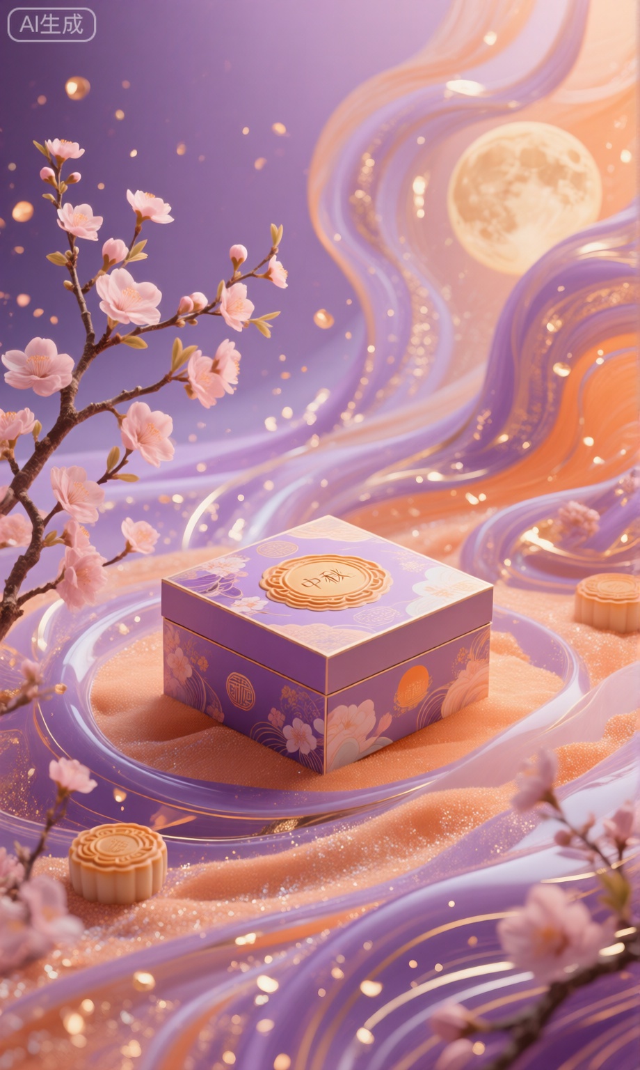紫橙色调背景中,中秋节日主题礼盒,旁有粉色花枝,氛围浪漫。