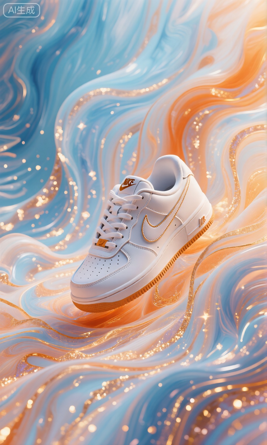 一双白色的NIKE运动鞋,在蓝橙色渐变带金闪的流动背景上,