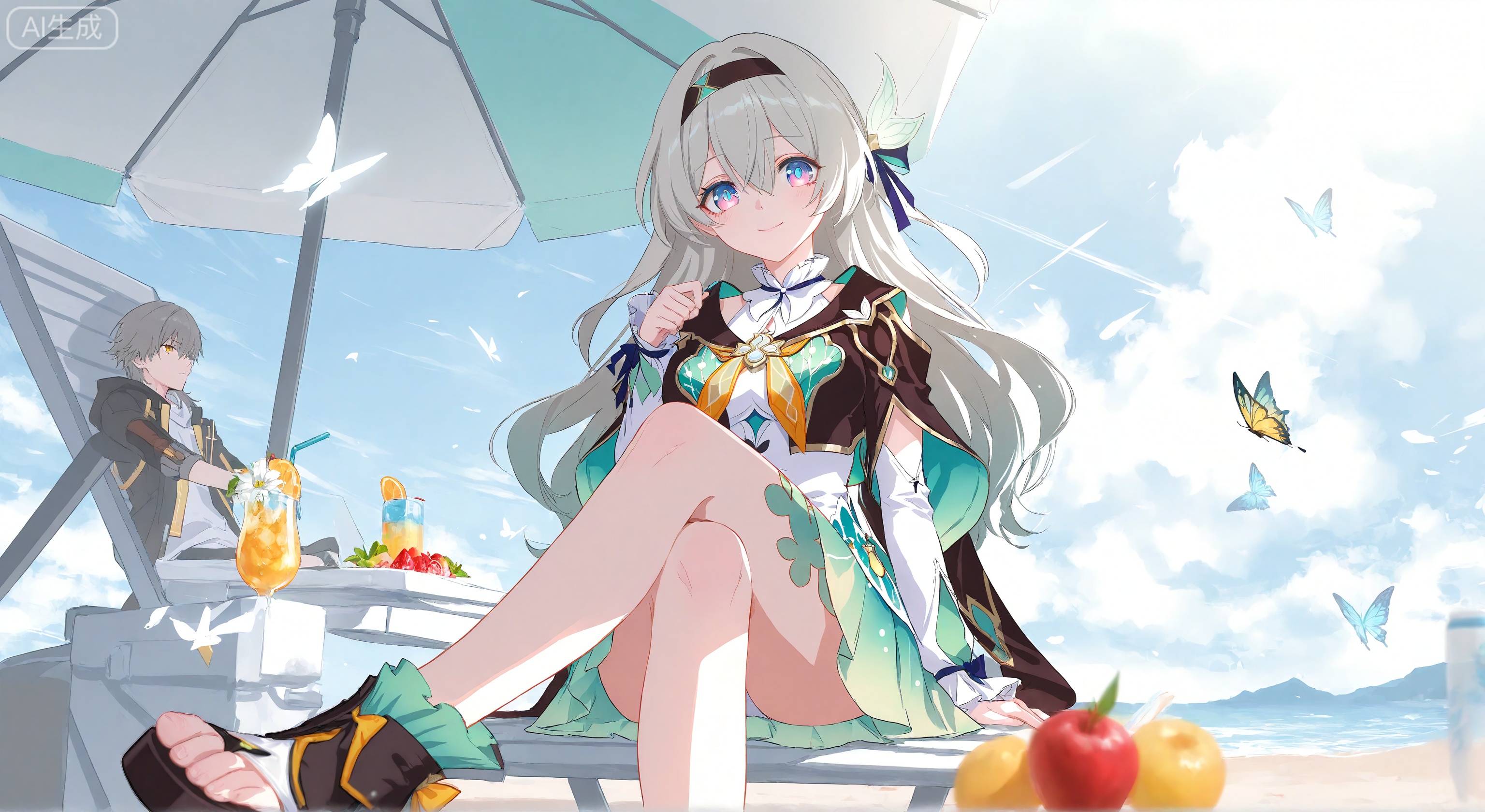 1girl, solo, long hair, breasts, looking at viewer, smile, bangs, blue eyes, skirt, sitting, closed mouth, swimsuit, bikini, thighs, hairband, outdoors, food, sky, day, sailor collar, cup, neckerchief, legs, toes, fruit, umbrella, chair, sandals, crossed legs, bug, butterfly, beach umbrella,firefly \(honkai: star rail\),jacket,white dress,long sleeves,white flower,headband,stelle \(honkai: star rail\),caelus \(honkai: star rail\)
, (Murata_Renge:0.8),(reoen1:1),(as109:0.7),(Saebe_Shun:0.7),(akipeko:0.7),(Toronto:0.8),(lineart:0.8),(fuzichoco:0.6),(Mika Pikazo:0.4),(Artist: sheya:0.5),(wlop:0.4),Illustration,Simple Flat Coloring,lightshadow,line art,shadow,masterpiece,best quality,good quality,very aesthetic,A shot with tension,impactful picture,offcial art,movie perspective,masterpiece,facing the lens,best quality,very aesthetic,extremely delicate and beautiful,huge filesize,amazing quality,Blurred foreground,solo_focus,simple_background,depth_of_field,sunlight,reflective,masterful details,intricate details,soothing tones,high contrast,soft light,sharp,ultra-high resolution,32K UHD,reality,