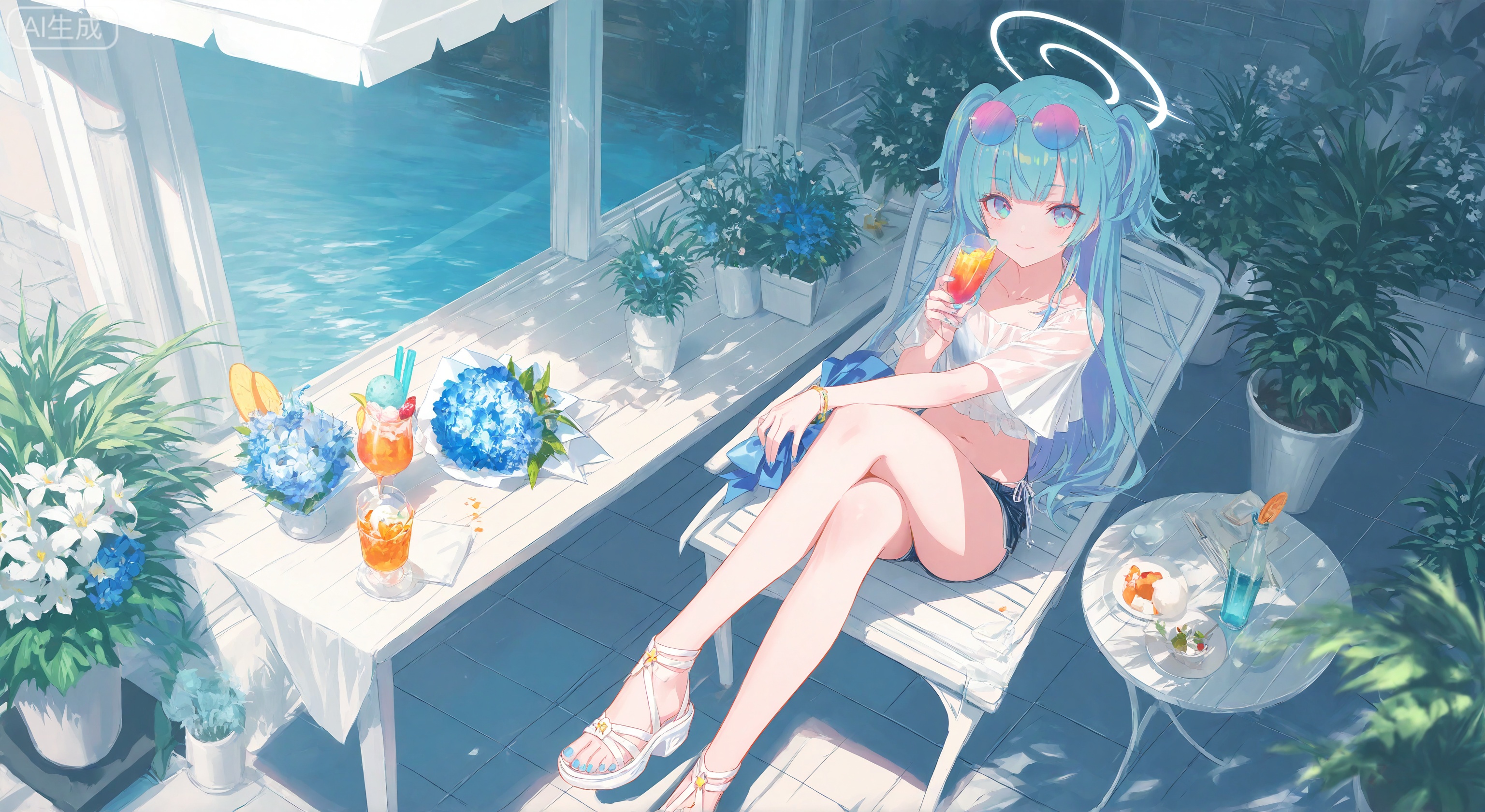 1girl, solo, breasts, looking at viewer, smile, bangs, blue eyes, shirt, navel, holding, jewelry, sitting, closed mouth, blue hair, collarbone, swimsuit, full body, flower, short sleeves, food, shorts, water, nail polish, cup, see-through, short shorts, bare legs, fruit, watermark, chair, sandals, table, sunglasses, crossed legs, plant, white flower, holding cup, eyewear on head, drinking glass, blue nails, toenails, blue flower, blue theme, bouquet, ice cream, toenail polish, glass, potted plant, transparent, tinted eyewear, holding bouquet, vase
, (Murata_Renge:0.8),(reoen1:1),(as109:0.7),(Saebe_Shun:0.7),(akipeko:0.7),(Toronto:0.8),(lineart:0.8),(fuzichoco:0.6),(Mika Pikazo:0.4),(Artist: sheya:0.5),(wlop:0.4),Illustration,Simple Flat Coloring,lightshadow,line art,shadow,masterpiece,best quality,good quality,very aesthetic,A shot with tension,impactful picture,offcial art,movie perspective,masterpiece,facing the lens,best quality,very aesthetic,extremely delicate and beautiful,huge filesize,amazing quality,Blurred foreground,solo_focus,simple_background,depth_of_field,sunlight,reflective,masterful details,intricate details,soothing tones,high contrast,soft light,sharp,ultra-high resolution,32K UHD,reality,