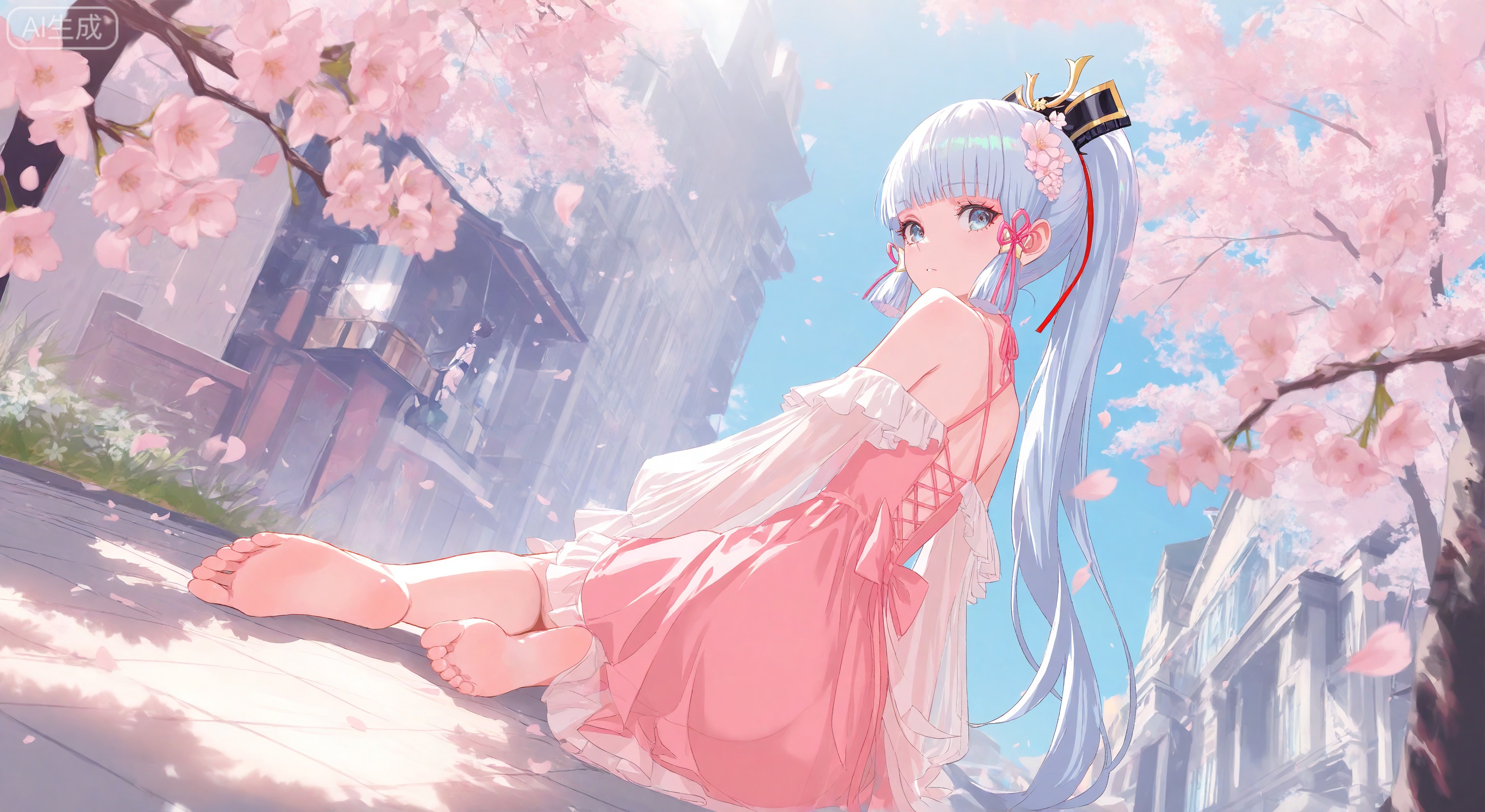 1girl, solo, long hair, looking at viewer, bangs, blue eyes, hair ornament, long sleeves, dress, ribbon, bare shoulders, sitting, blue hair, full body, hair ribbon, ass, flower, outdoors, barefoot, looking back, hair flower, blunt bangs, feet, tree, see-through, bare legs, cherry blossoms, pink dress, pink flower, branch, kamisato ayaka
, (Murata_Renge:0.8),(reoen1:1),(as109:0.7),(Saebe_Shun:0.7),(akipeko:0.7),(Toronto:0.8),(lineart:0.8),(fuzichoco:0.6),(Mika Pikazo:0.4),(Artist: sheya:0.5),(wlop:0.4),Illustration,Simple Flat Coloring,lightshadow,line art,shadow,masterpiece,best quality,good quality,very aesthetic,A shot with tension,impactful picture,offcial art,movie perspective,masterpiece,facing the lens,best quality,very aesthetic,extremely delicate and beautiful,huge filesize,amazing quality,Blurred foreground,solo_focus,simple_background,depth_of_field,sunlight,reflective,masterful details,intricate details,soothing tones,high contrast,soft light,sharp,ultra-high resolution,32K UHD,reality