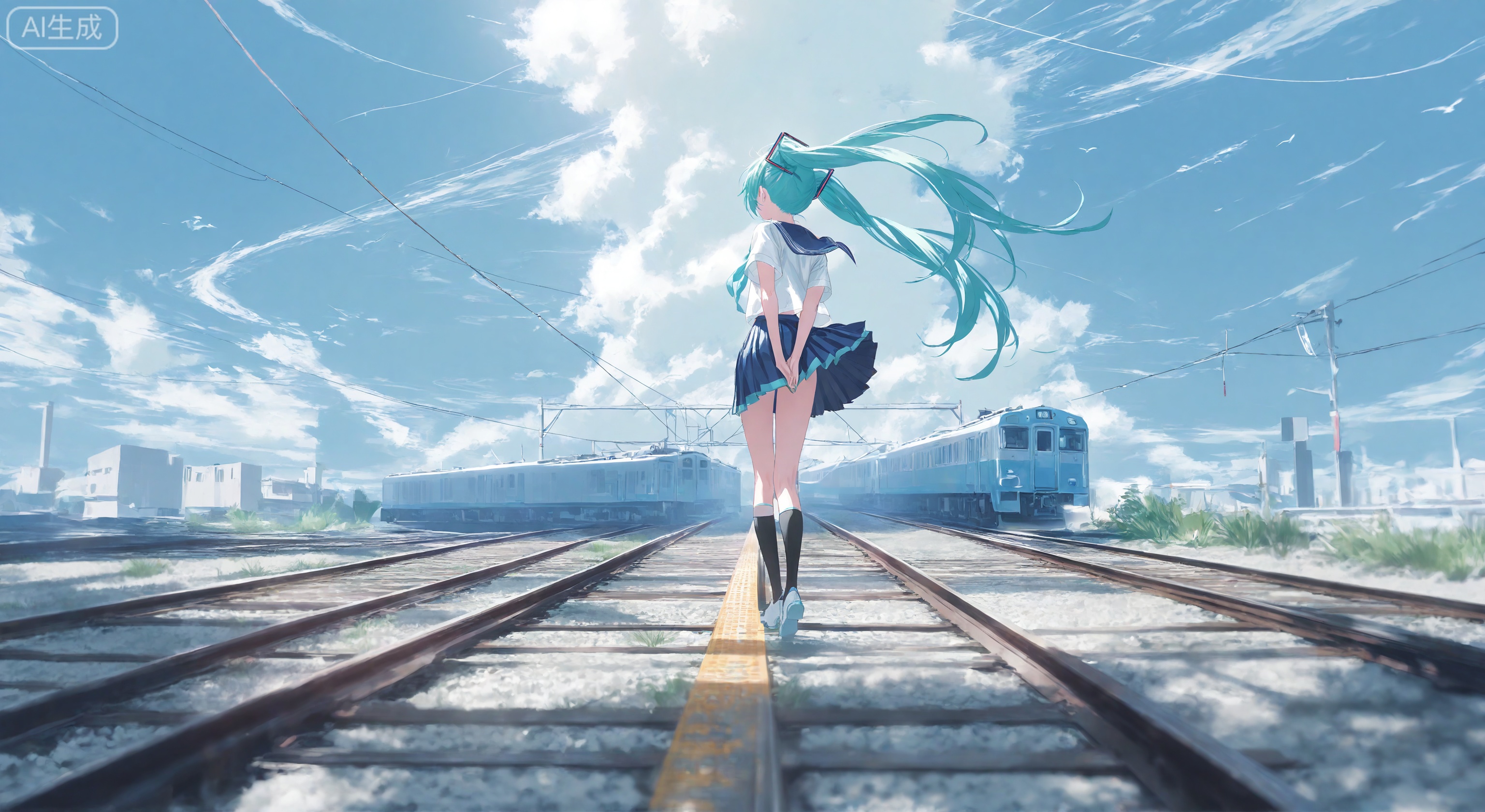 1girl, solo, long hair, skirt, shirt, twintails, very long hair, school uniform, blue hair, standing, full body, white shirt, short sleeves, pleated skirt, outdoors, sky, shoes, serafuku, day, socks, cloud, sailor collar, from behind, from side, blue sky, blue skirt, neckerchief, kneehighs, aqua hair, floating hair, arms behind back, black socks, railroad tracks, cumulonimbus cloud, hatsune miku
, (Murata_Renge:0.8),(reoen1:1),(as109:0.7),(Saebe_Shun:0.7),(akipeko:0.7),(Toronto:0.8),(lineart:0.8),(fuzichoco:0.6),(Mika Pikazo:0.4),(Artist: sheya:0.5),(wlop:0.4),Illustration,Simple Flat Coloring,lightshadow,line art,shadow,masterpiece,best quality,good quality,very aesthetic,A shot with tension,impactful picture,offcial art,movie perspective,masterpiece,facing the lens,best quality,very aesthetic,extremely delicate and beautiful,huge filesize,amazing quality,Blurred foreground,solo_focus,simple_background,depth_of_field,sunlight,reflective,masterful details,intricate details,soothing tones,high contrast,soft light,sharp,ultra-high resolution,32K UHD,reality