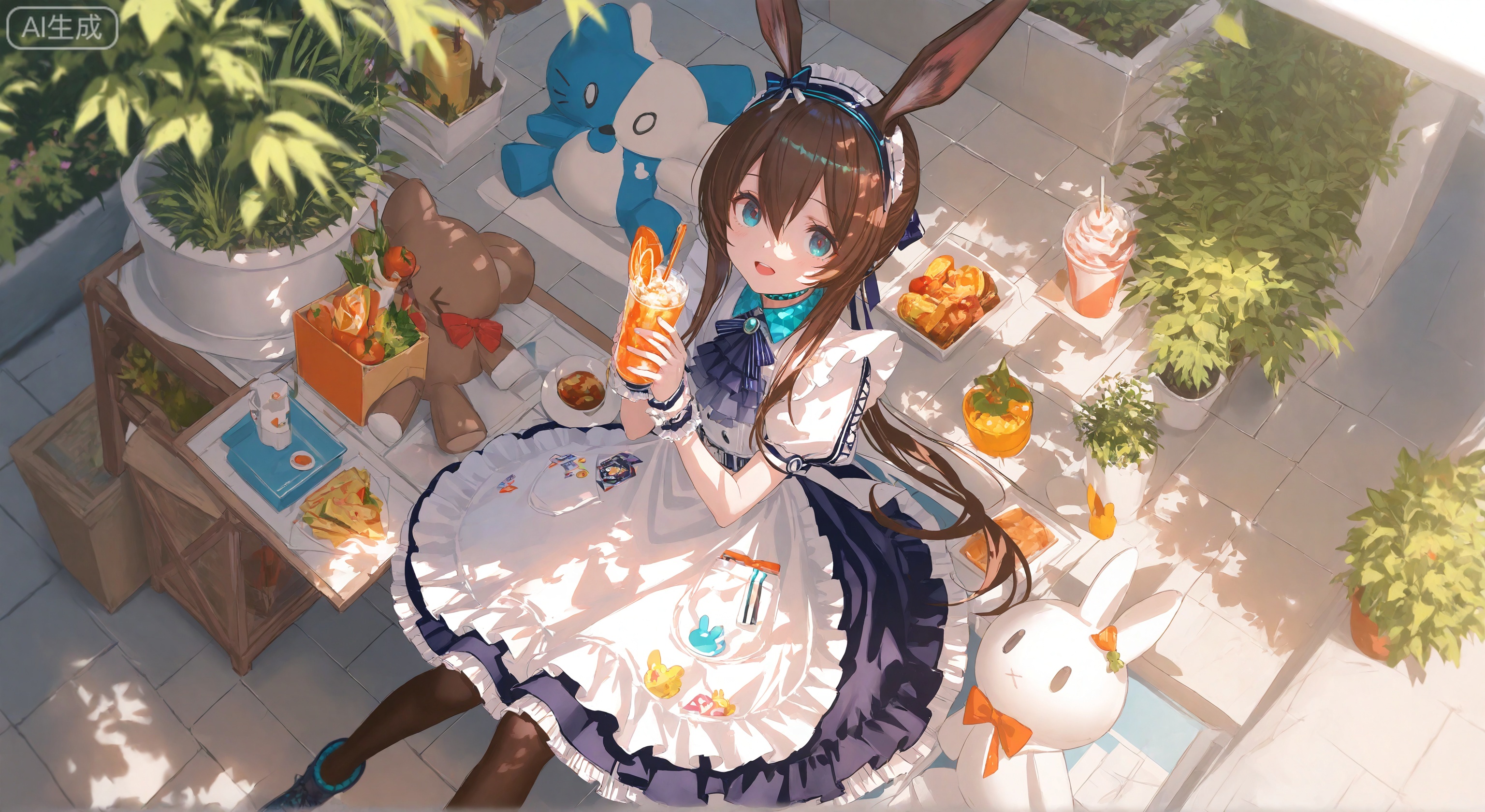 1girl, solo, long hair, looking at viewer, smile, open mouth, bangs, blue eyes, brown hair, dress, bow, ribbon, holding, animal ears, sitting, short sleeves, pantyhose, outdoors, food, puffy sleeves, rabbit ears, apron, official alternate costume, cup, puffy short sleeves, neck ribbon, stuffed toy, stuffed animal, plant, > <, holding cup, rabbit, drinking straw, stuffed bunny, amiya \(arknights\)
, (Murata_Renge:0.8),(reoen1:1),(as109:0.7),(Saebe_Shun:0.7),(akipeko:0.7),(Toronto:0.8),(lineart:0.8),(fuzichoco:0.6),(Mika Pikazo:0.4),(Artist: sheya:0.5),(wlop:0.4),Illustration,Simple Flat Coloring,lightshadow,line art,shadow,masterpiece,best quality,good quality,very aesthetic,A shot with tension,impactful picture,offcial art,movie perspective,masterpiece,facing the lens,best quality,very aesthetic,extremely delicate and beautiful,huge filesize,amazing quality,Blurred foreground,solo_focus,simple_background,depth_of_field,sunlight,reflective,masterful details,intricate details,soothing tones,high contrast,soft light,sharp,ultra-high resolution,32K UHD,reality,