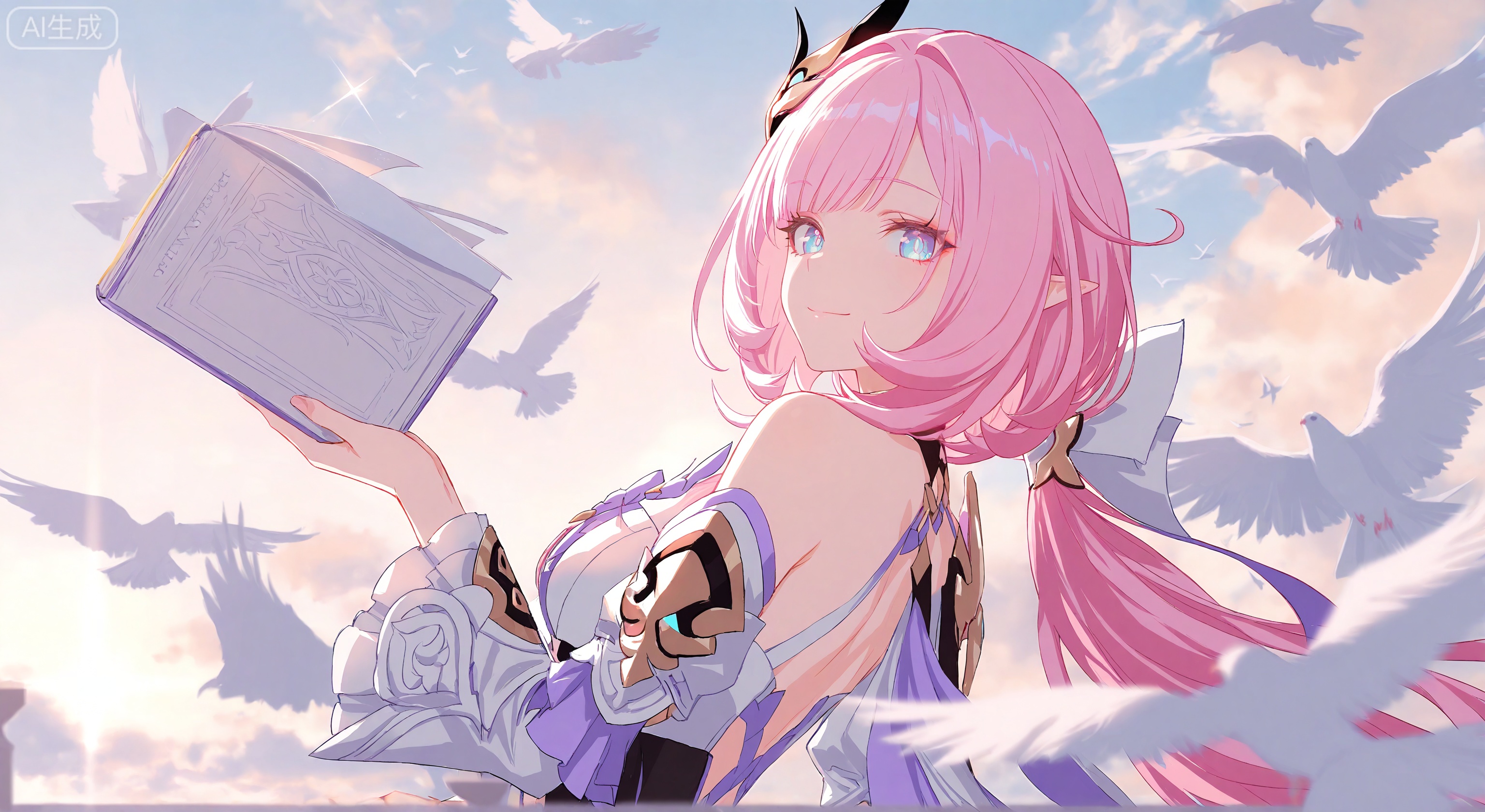 1girl, solo, looking at viewer, smile, bangs, blue eyes, hair ornament, long sleeves, holding, bare shoulders, closed mouth, pink hair, outdoors, sky, pointy ears, looking back, cloud, book, bird, cloudy sky, holding book, dove, elysia \(honkai impact\)
, (Murata_Renge:0.8),(reoen1:1),(as109:0.7),(Saebe_Shun:0.7),(akipeko:0.7),(Toronto:0.8),(lineart:0.8),(fuzichoco:0.6),(Mika Pikazo:0.4),(Artist: sheya:0.5),(wlop:0.4),Illustration,Simple Flat Coloring,lightshadow,line art,shadow,masterpiece,best quality,good quality,very aesthetic,A shot with tension,impactful picture,offcial art,movie perspective,masterpiece,facing the lens,best quality,very aesthetic,extremely delicate and beautiful,huge filesize,amazing quality,Blurred foreground,solo_focus,simple_background,depth_of_field,sunlight,reflective,masterful details,intricate details,soothing tones,high contrast,soft light,sharp,ultra-high resolution,32K UHD,reality,
