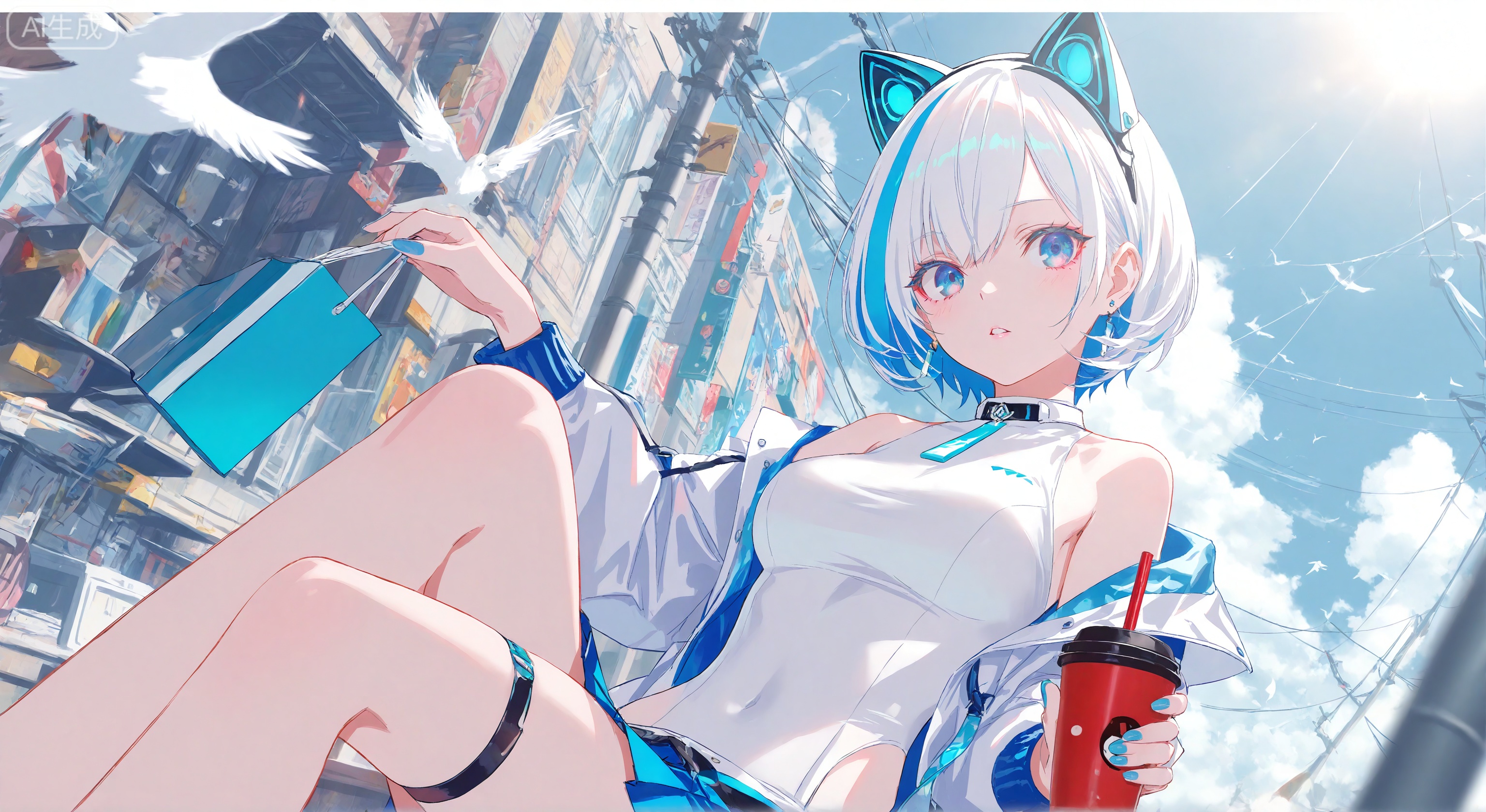 1girl, solo, breasts, looking at viewer, short hair, bangs, blue eyes, skirt, shirt, long sleeves, holding, animal ears, bare shoulders, jewelry, medium breasts, sitting, blue hair, jacket, white shirt, white hair, multicolored hair, pleated skirt, earrings, outdoors, parted lips, open clothes, sky, sleeveless, day, puffy sleeves, cloud, cat ears, miniskirt, off shoulder, nail polish, two-tone hair, open jacket, cup, blue skirt, streaked hair, sleeveless shirt, covered navel, thigh strap, fake animal ears, bird, white jacket, outstretched arm, building, holding cup, puffy long sleeves, blue nails, disposable cup, power lines, utility pole
, (Murata_Renge:0.8),(reoen1:1),(as109:0.7),(Saebe_Shun:0.7),(akipeko:0.7),(Toronto:0.8),(lineart:0.8),(fuzichoco:0.6),(Mika Pikazo:0.4),(Artist: sheya:0.5),(wlop:0.4),Illustration,Simple Flat Coloring,lightshadow,line art,shadow,masterpiece,best quality,good quality,very aesthetic,A shot with tension,impactful picture,offcial art,movie perspective,masterpiece,facing the lens,best quality,very aesthetic,extremely delicate and beautiful,huge filesize,amazing quality,Blurred foreground,solo_focus,simple_background,depth_of_field,sunlight,reflective,masterful details,intricate details,soothing tones,high contrast,soft light,sharp,ultra-high resolution,32K UHD,reality
