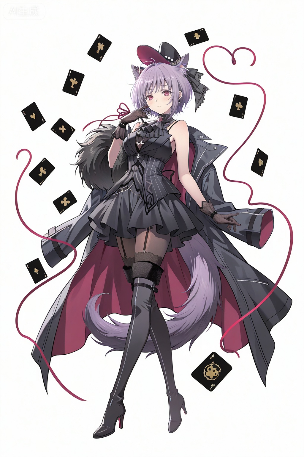 masterpiece, best quality,solo,((white background:1.2)),simple background,,full body
looking at viewer,,Yuutenji Nyamu,short hair,purple eyes,red eyes,bangs,purple hair,breasts,skirt,thighhighs,gloves,hat,animal ears,jacket,tail,pantyhose,boots,sleeveless,black gloves,black footwear,high heels,black headwear,thigh boots,garter straps,top hat,card