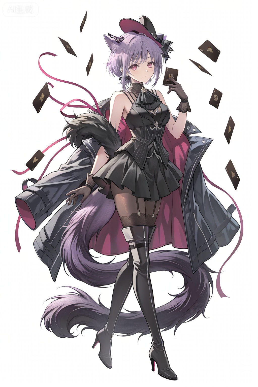 masterpiece, best quality,solo,((white background:1.2)),simple background,,full body
looking at viewer,,Yuutenji Nyamu,short hair,purple eyes,red eyes,bangs,purple hair,breasts,skirt,thighhighs,gloves,hat,animal ears,jacket,tail,pantyhose,boots,sleeveless,black gloves,black footwear,high heels,black headwear,thigh boots,garter straps,top hat,card