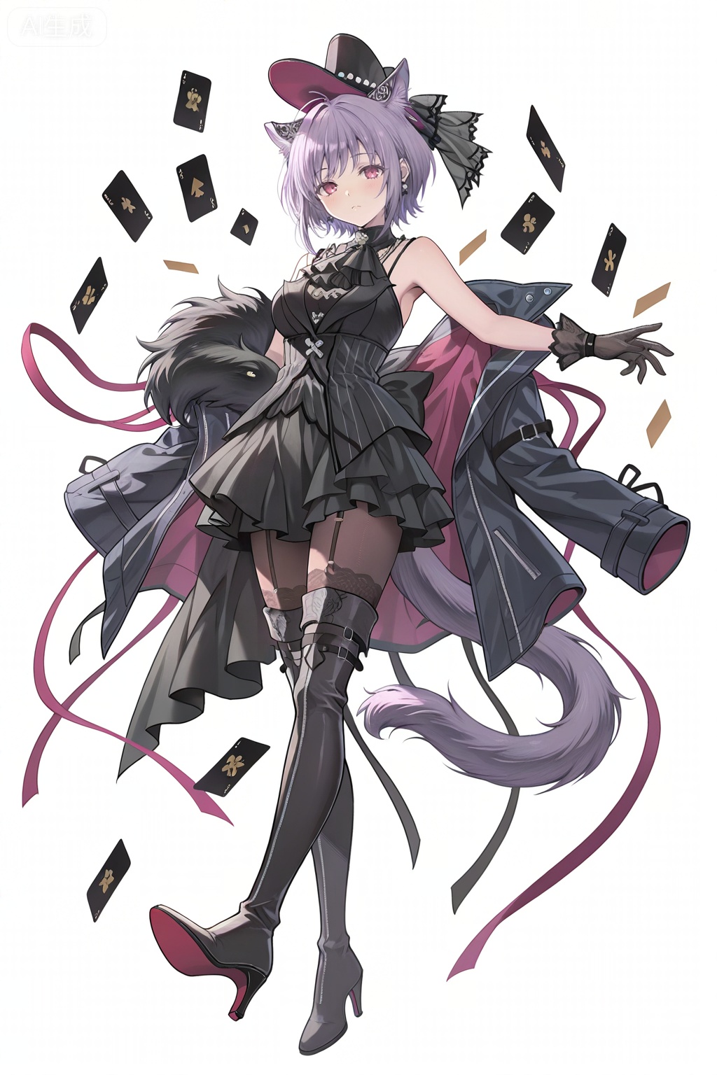 masterpiece, best quality,solo,((white background:1.2)),simple background,,full body
looking at viewer,,Yuutenji Nyamu,short hair,purple eyes,red eyes,bangs,purple hair,breasts,skirt,thighhighs,gloves,hat,animal ears,jacket,tail,pantyhose,boots,sleeveless,black gloves,black footwear,high heels,black headwear,thigh boots,garter straps,top hat,card