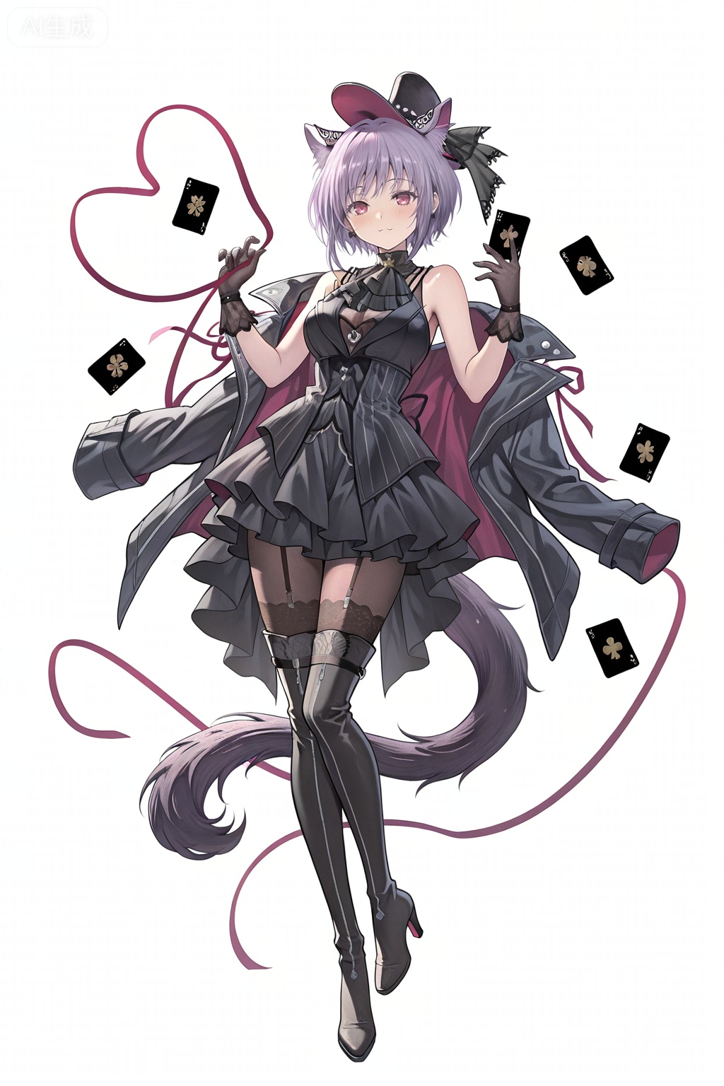 masterpiece, best quality,solo,((white background:1.2)),simple background,,full body
looking at viewer,,Yuutenji Nyamu,short hair,purple eyes,red eyes,bangs,purple hair,breasts,skirt,thighhighs,gloves,hat,animal ears,jacket,tail,pantyhose,boots,sleeveless,black gloves,black footwear,high heels,black headwear,thigh boots,garter straps,top hat,card