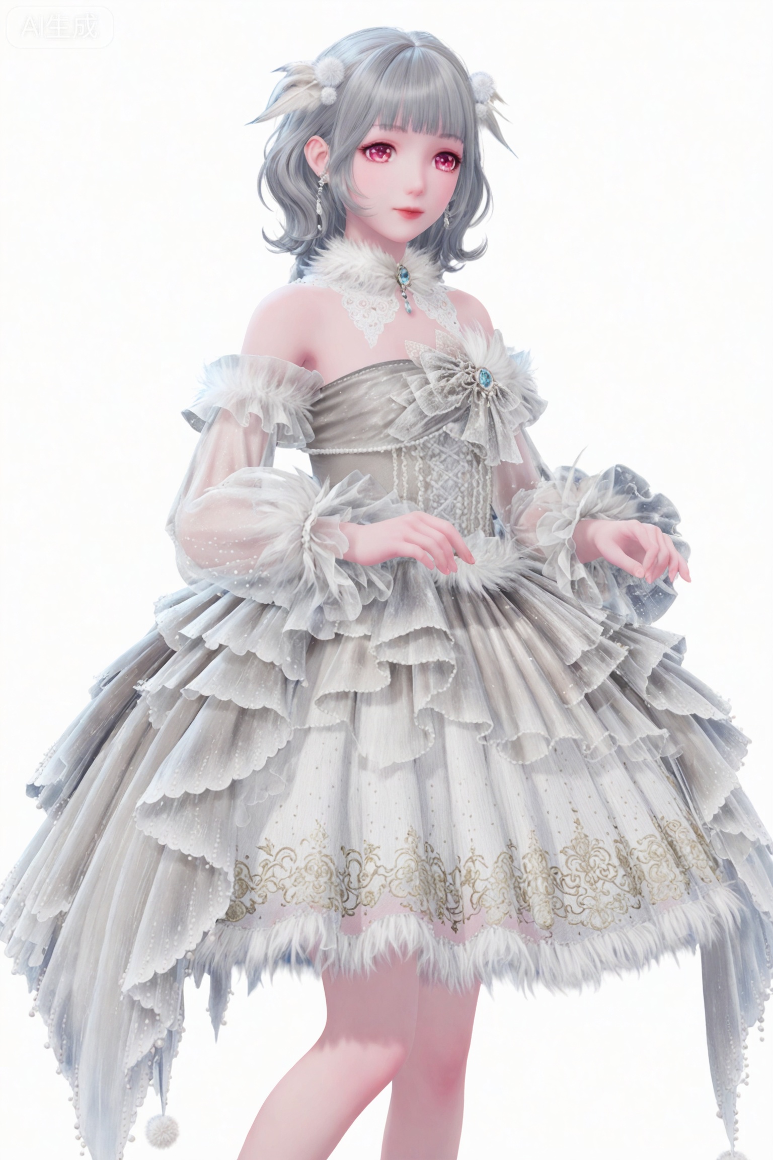 1girl, solo, short hair, bangs, simple background, hair ornament, red eyes, long sleeves, white background, dress, bow, bare shoulders, jewelry, closed mouth, standing, grey hair, earrings, frills, detached sleeves, blunt bangs, pink eyes, white dress, lips, see-through, feet out of frame, frilled dress, feathers, white bow, gem, lace, lace-trimmed dress
