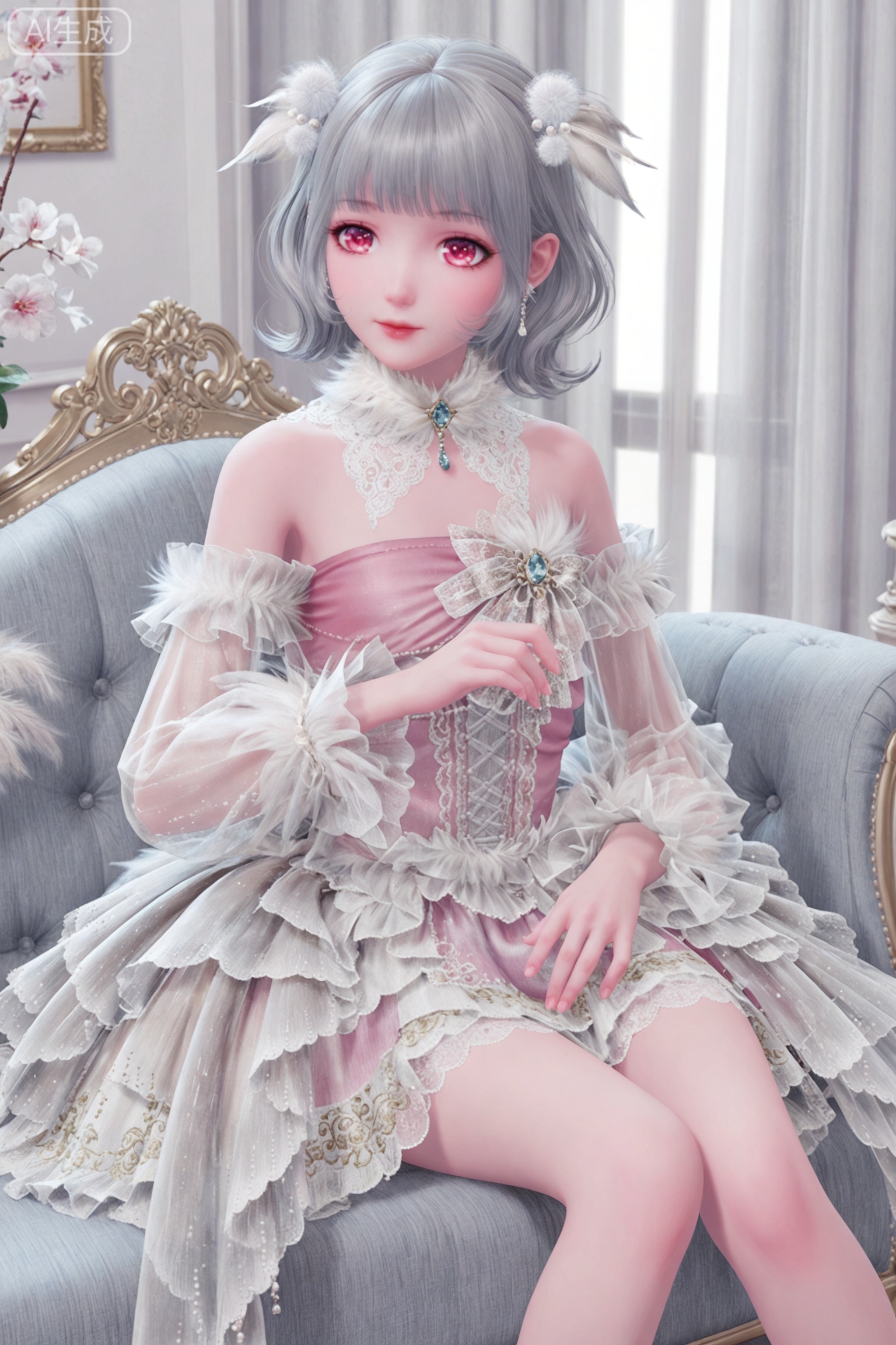 1girl, solo, short hair, bangs, hair ornament, red eyes, long sleeves, dress, bow, bare shoulders, jewelry, closed mouth, sitting, grey hair, earrings, frills, detached sleeves, blunt bangs, pink eyes, white dress, lips, see-through, feet out of frame, frilled dress, feathers, white bow, gem, lace, lace-trimmed dress,pink bikini,