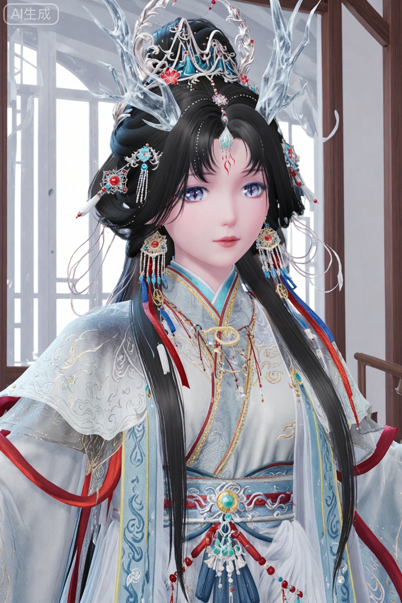 1girl, solo, long hair, looking at viewer, black hair, hair ornament, long sleeves, dress, jewelry, white_background,earrings, indoors, wide sleeves, facial mark, chinese clothes, tassel, shawl, forehead mark, hanfu,upper_body,dragon horn, transparent,