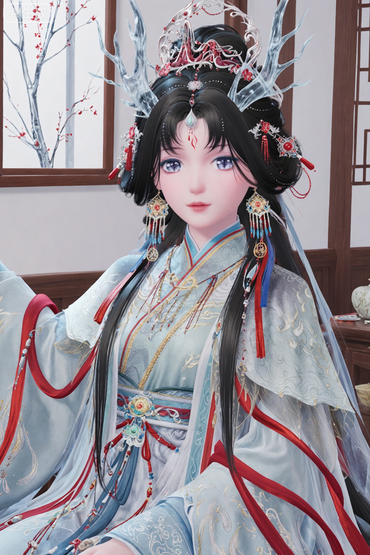 1girl, solo, long hair, looking at viewer, black hair, hair ornament, long sleeves, dress, jewelry, white_background,earrings, indoors, wide sleeves, facial mark, chinese clothes, tassel, shawl, forehead mark, hanfu,upper_body,dragon horn, transparent,sitting,