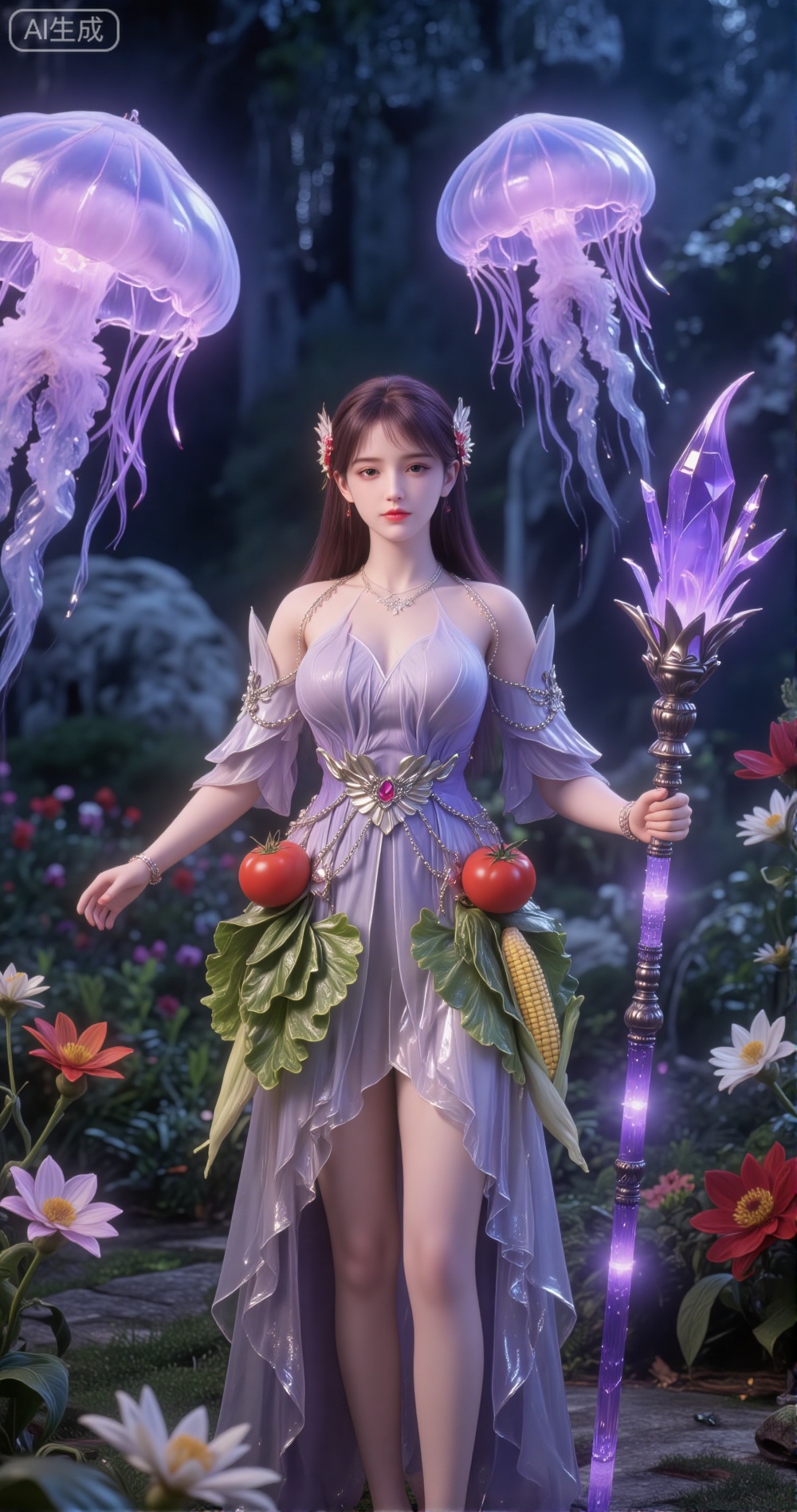 Vegetable dress
￼
a surreal and fantastical scene where a woman is standing amidst a lush, vibrant garden filled with various flowers and plants
￼
She is wearing a dress made entirely of vegetables, including lettuce, tomatoes, corn, and other produce
￼
Surrounding her are large jellyfish-like creatures emitting a soft, ethereal glow, adding to the dreamlike atmosphere
￼
Additionally, there is a staff with a glowing purple crystal in her hand, enhancing the magical and mystical feel of the scene
￼
The overall composition is whimsical and otherworldly, blending elements of nature and fantasy.