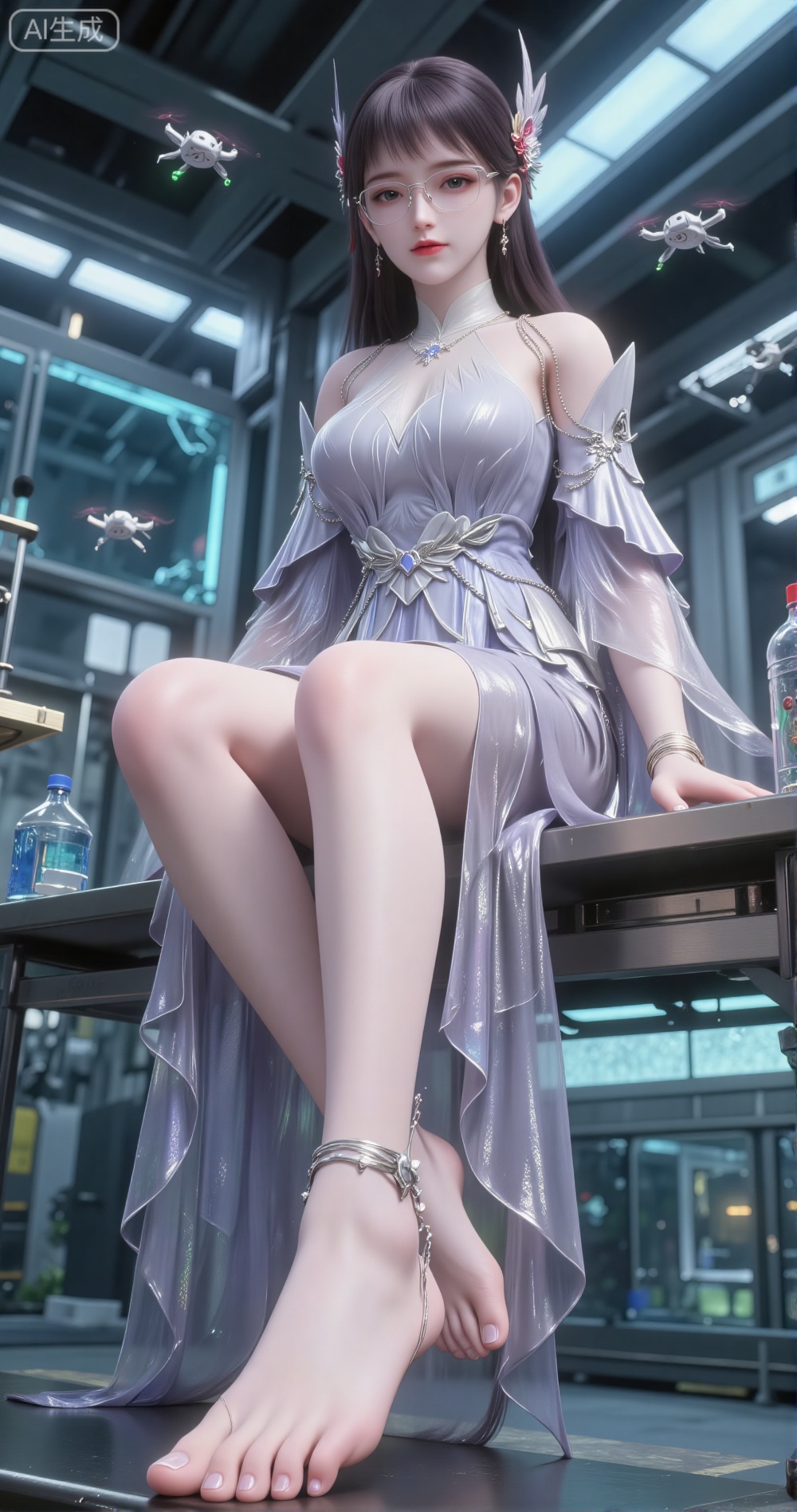 In a future technology laboratory, a long-haired girl is sitting on an experimental table made of transparent glass and metal. She is wearing a silver-white off-the-shoulder long dress made of nanomaterials, with tiny electronic patterns decorated on the hem, which glimmers with a faint blue light as she moves. Her long black hair flows like a waterfall, with a few tiny optical fibers interwoven between the strands, adding a touch of futuristic technological feel.
 She wore a pair of smart glasses made of transparent material and had a slender silver bracelet wrapped around her wrist, looking calm and focused.

Her bare feet gently rested on the edge of the laboratory bench, and a ankle chain decorated with small gears and circuit boards was worn on her ankle, which swayed gently with her movements. Her legs stretched naturally, revealing slender lines. The soles of her shoes faced the camera, and the textures were clearly visible.
 Her posture was elegant and composed, as if she were an experimenter in a future technology laboratory.

The surrounding laboratories are filled with all kinds of high-tech equipment. Holographic projections and data streams interweave in the air, and the air is filled with a faint smell of disinfectant and electronic devices. Several drones were hovering around her, as if providing her with experimental data.