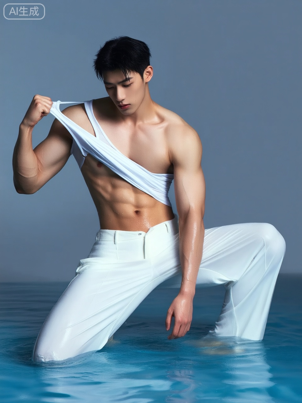一张性感力量风格的男性摄影,平视视角,中心构图,模特为青年男性,身着白色宽松长裤,双脚浸于水中,单膝跪于水中,另一条腿弯曲支撑,呈半蹲姿势。右手抓着白色背心衣角向上拉扯,露出健硕的胸肌和腹肌,周围溅起许多水珠。表情沉静,眼神低垂,传递出内敛与自信的情绪。灯光柔和均匀,重点照亮模特身体,尤其是肌肉轮廓,强化性感与力量感,无强烈阴影,整体色调柔和。背景为简洁的灰蓝色调,无多余装饰。构图以模特为中心,突出其身材线条与水中动态,营造性感且充满力量感的氛围,适合表达男性魅力、性感或水中主题