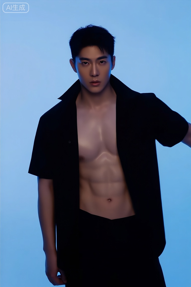 Medium shot, front view of an Asian man. He has short dark hair and wears an open black short - sleeved shirt, showing toned chest and abs. Standing with one arm extended to the side, looking directly at the camera with a serious and intense expression. Cool - toned, soft ambient lighting with blue hue, photorealistic, high detail.